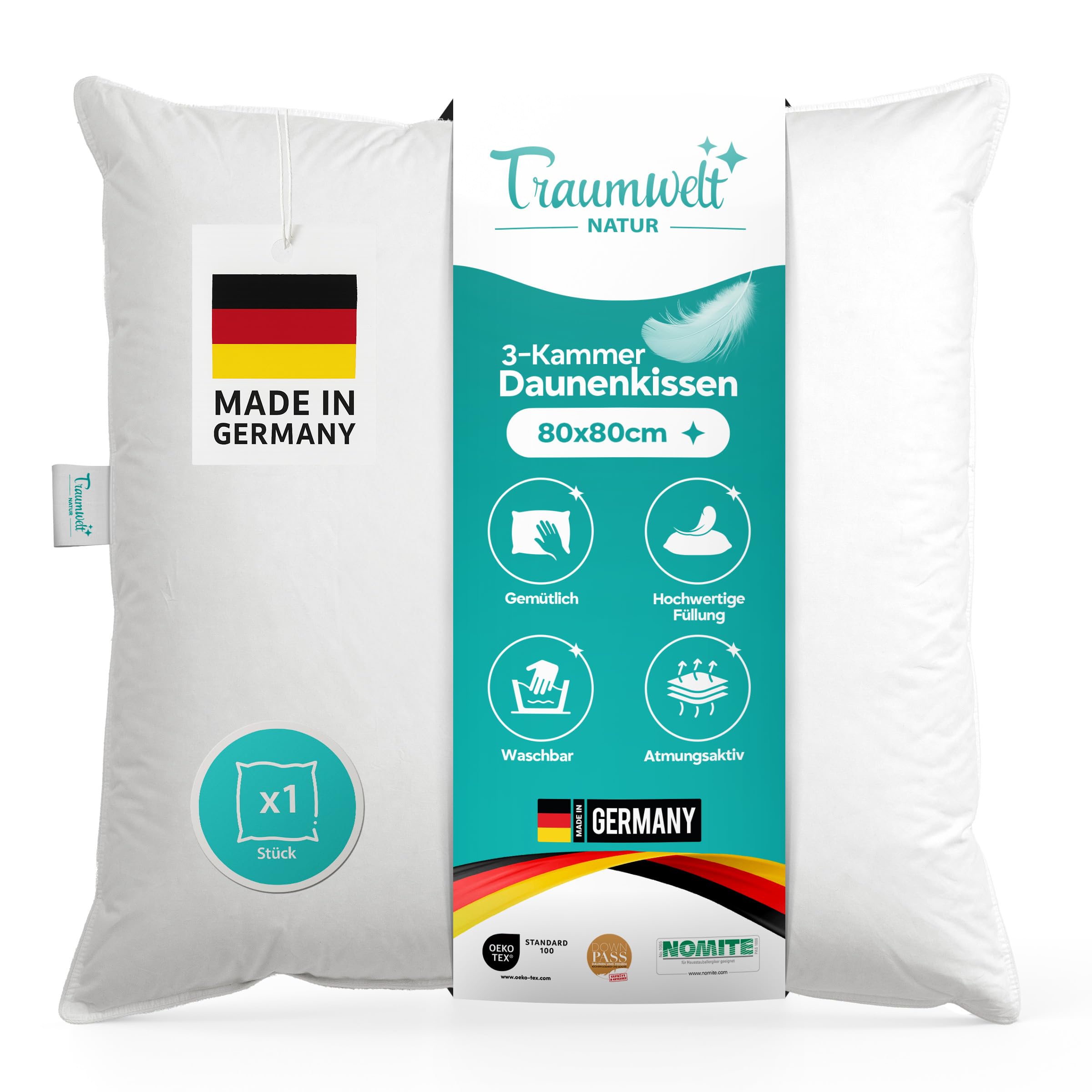 Made in Germany 3-Kammer Daunen Kopfkissen 80x80 cm, weiß, Allergiker geeignet, Öko-Tex 100 Klasse 1 Zertifiziert, Downpass