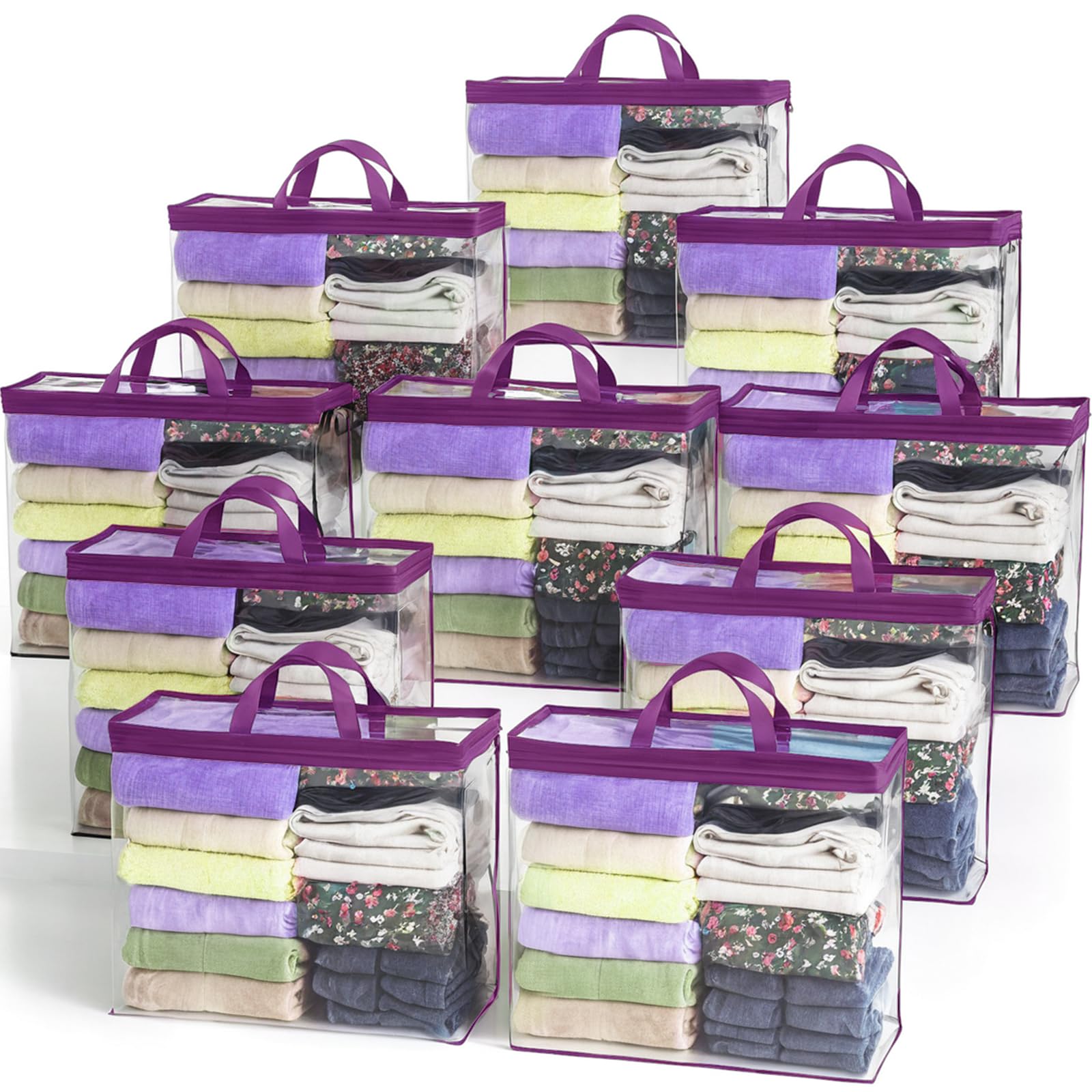 Clear Zippered Storage Bag Foldable Storage Bag, 22L Clear Storage Bags for Clothes, and Blanket Storage Bags for Bedding, CDs, Blankets, Comforters, Clothing & Toys (Purple, 10-pack)