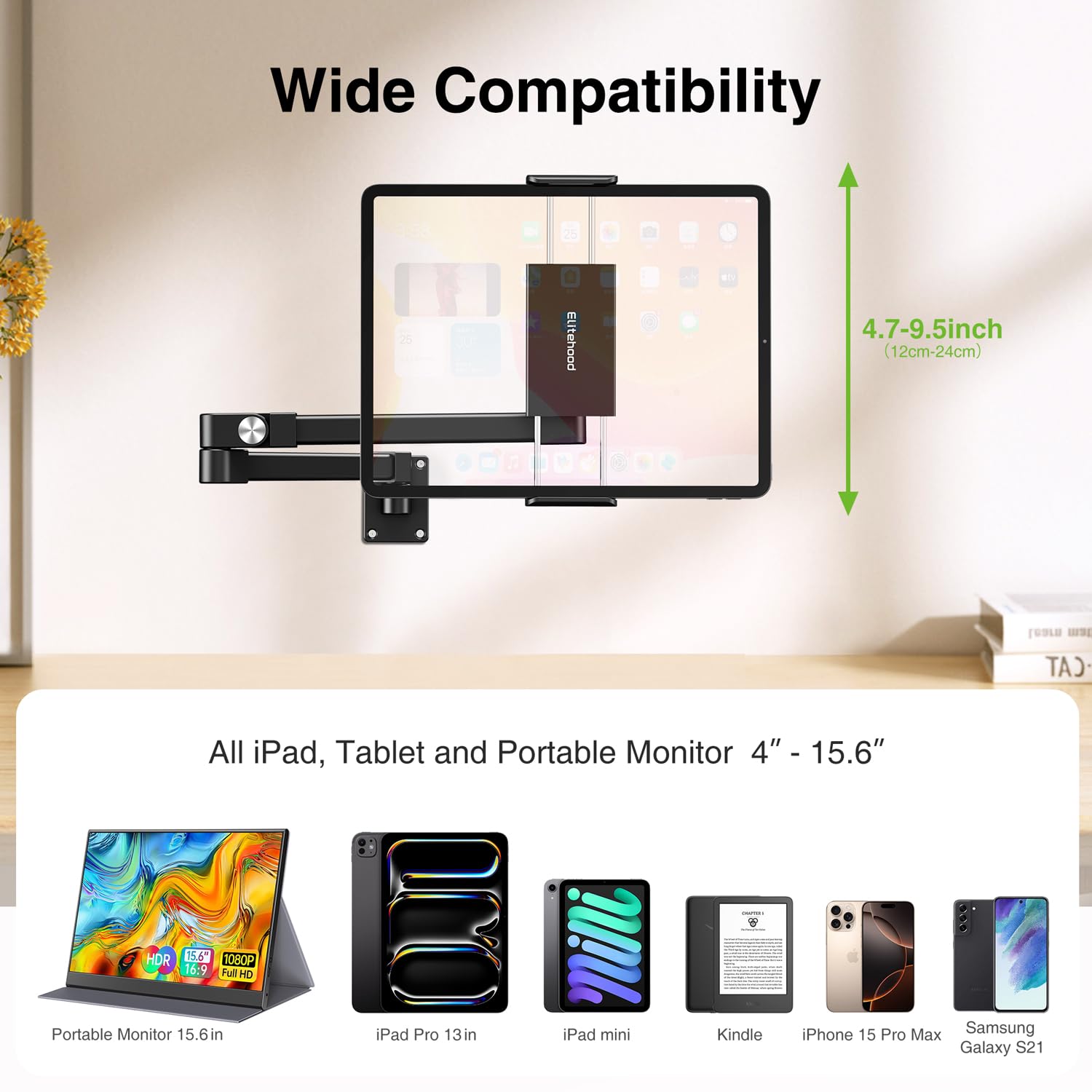 elitehood Supporto da parete per iPad, braccio lungo, estensibile, in alluminio, per tablet, casa, cucina, ufficio, compatibile con iPad Pro, Air, Galaxy Tab, Kindle, iPhone e tutti i tablet da 4,7-13