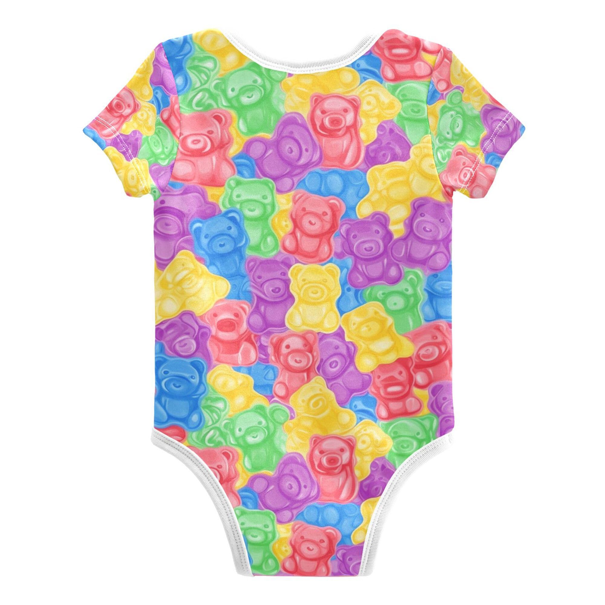 Wudan Colorful Sweet Jelly Bears Gummy Candies Newborn Baby Boy Bodysuits Short Sleeve Cotton Jumpsuit for Baby Sleepers Infant Toddler Girl Clothes 24M 2 Years Old