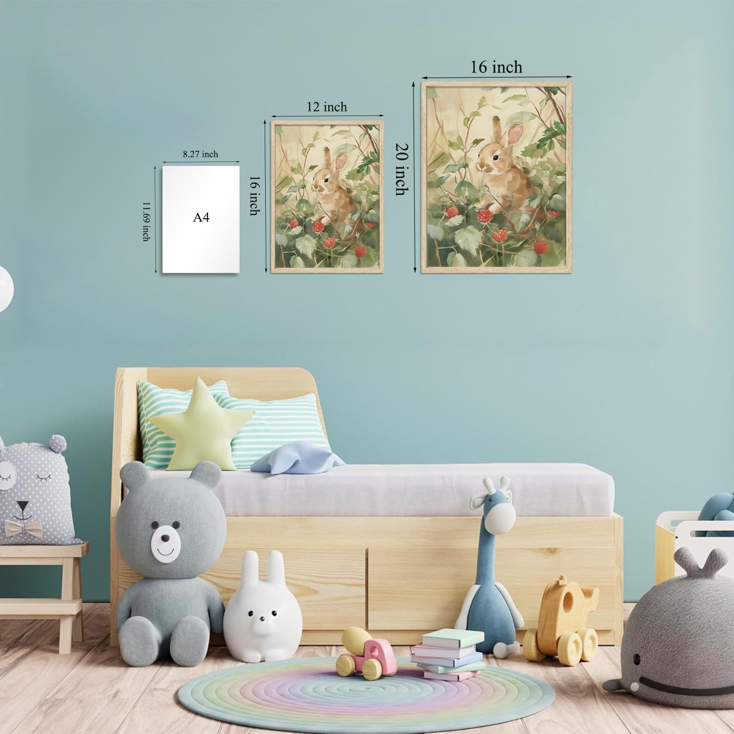 LHHJDIO 3 Piece OAK Wood Framed Wall Art Woodland Wall Decor Animals Canvas Art Mouse Frog Rabbit Pictures Wildlife Paintings Cottage Artwork Vintage Prints For Nursery Children Kids Boys Room