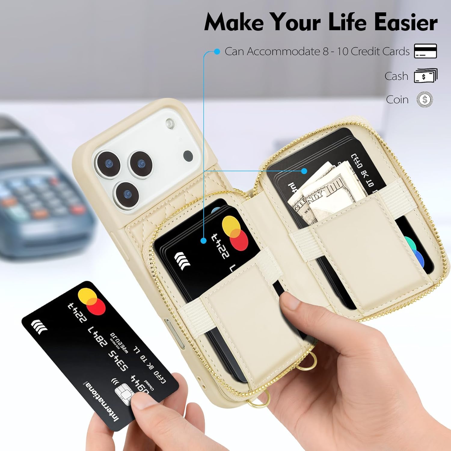 SkyEagle Compatible with iPhone 17 Pro Max Wallet Case Women,RFID Blocking Crossbody Phone Purse Case PU Leather Zipper Handbag Wrist Strap Cover Credit Card Holder,for Apple 17 Pro Max,Beige