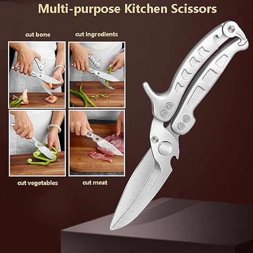 Miniatura 3 de Tijeras de cocinatijeras multiusos, súper afiladas, para aves de corral, pescado, carne, verduras, un buen compañero en la cocina (plateado)