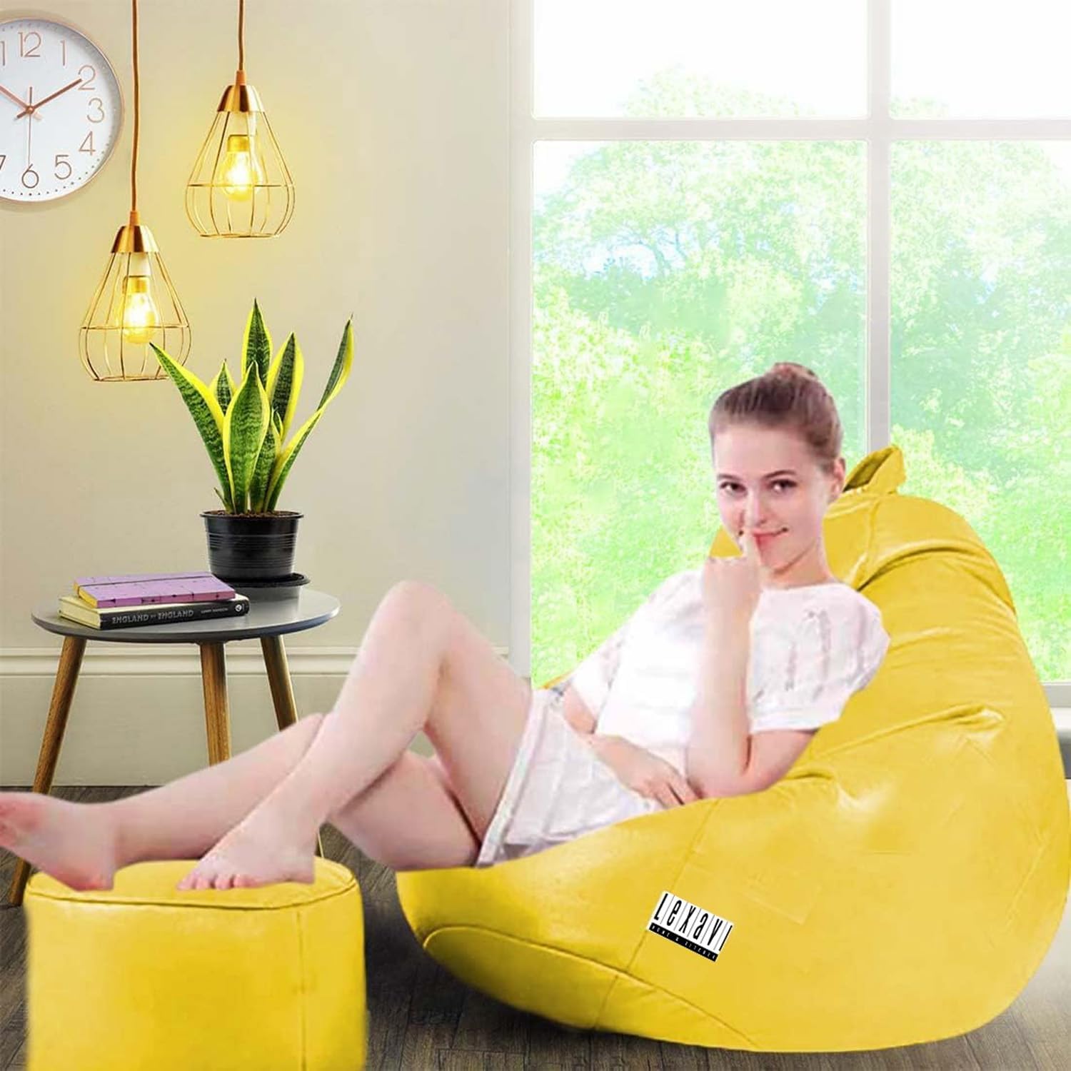 LEXAVI Brand Origial Faux Leatherette| 6 Month Warranty | Quality 4XL Bean Bag with Footrest & Comfy Cushion Filled with Beans (Ready to Use) Special for Corporate & New Year Gifts (Yellow)