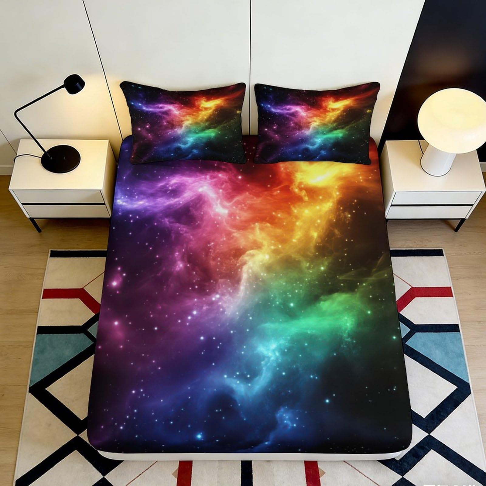 Pnayamiorkfel Style-2 3D Printed Galaxy Starry Sky Fitted Sheet Microfiber Rainbow Cosmic Nebula Mattress Cover Bedroom Decor 90X200x25cm