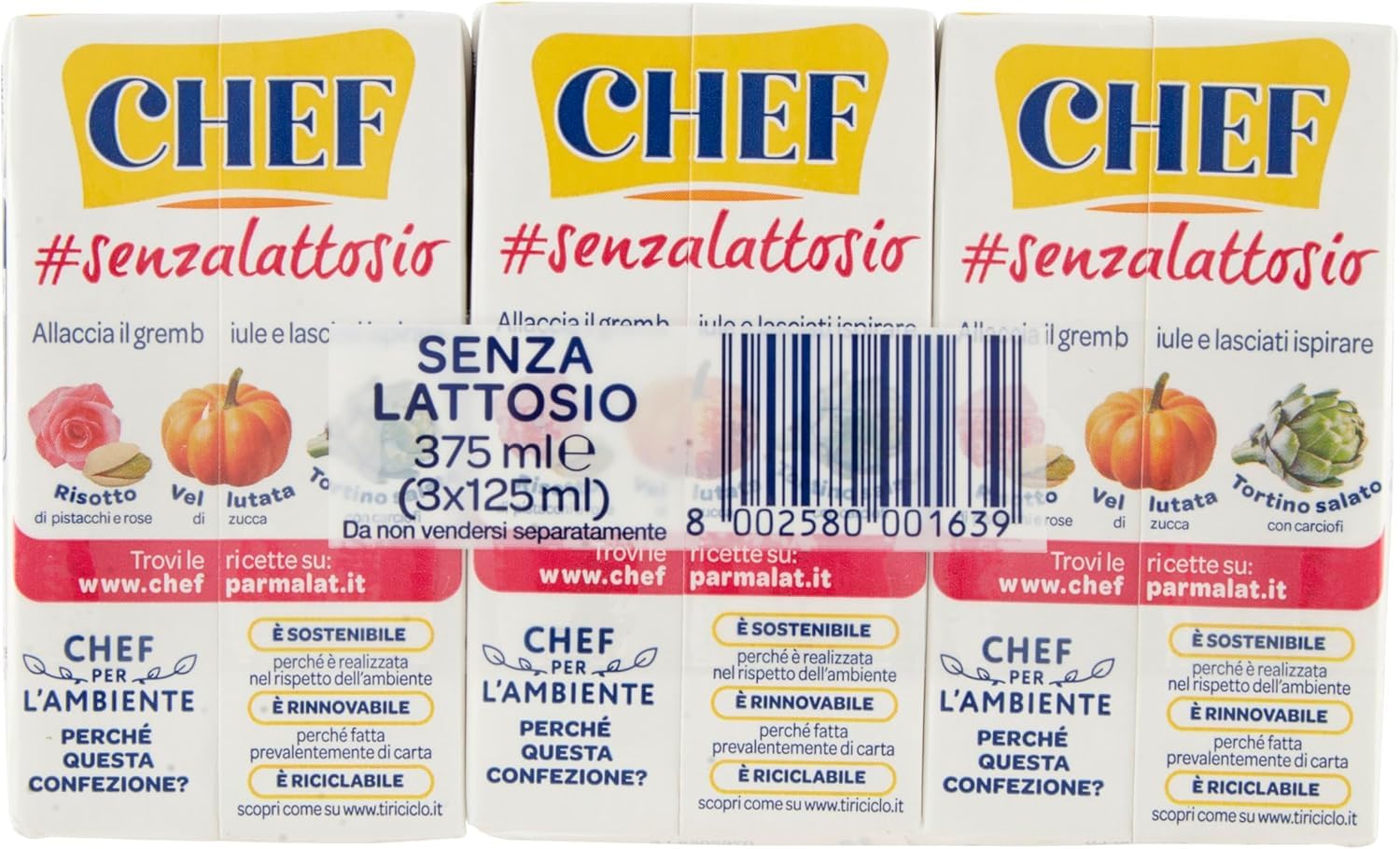 Parmalat Chef Panna Senza Lattosio, Laktosefreie Kochcreme Glutenfrei 3x (3x 125ml) Sauce zum Kochen + italian Gourmet polpa 400g