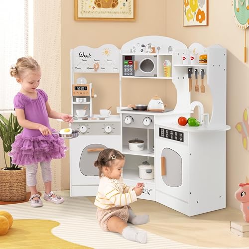 Miniatura 9 de HONEY JOY Juego de cocina esquinera, juego de cocina de juguete de madera para niños pequeños con luces, cafetera, microondas, fregadero, grifo,