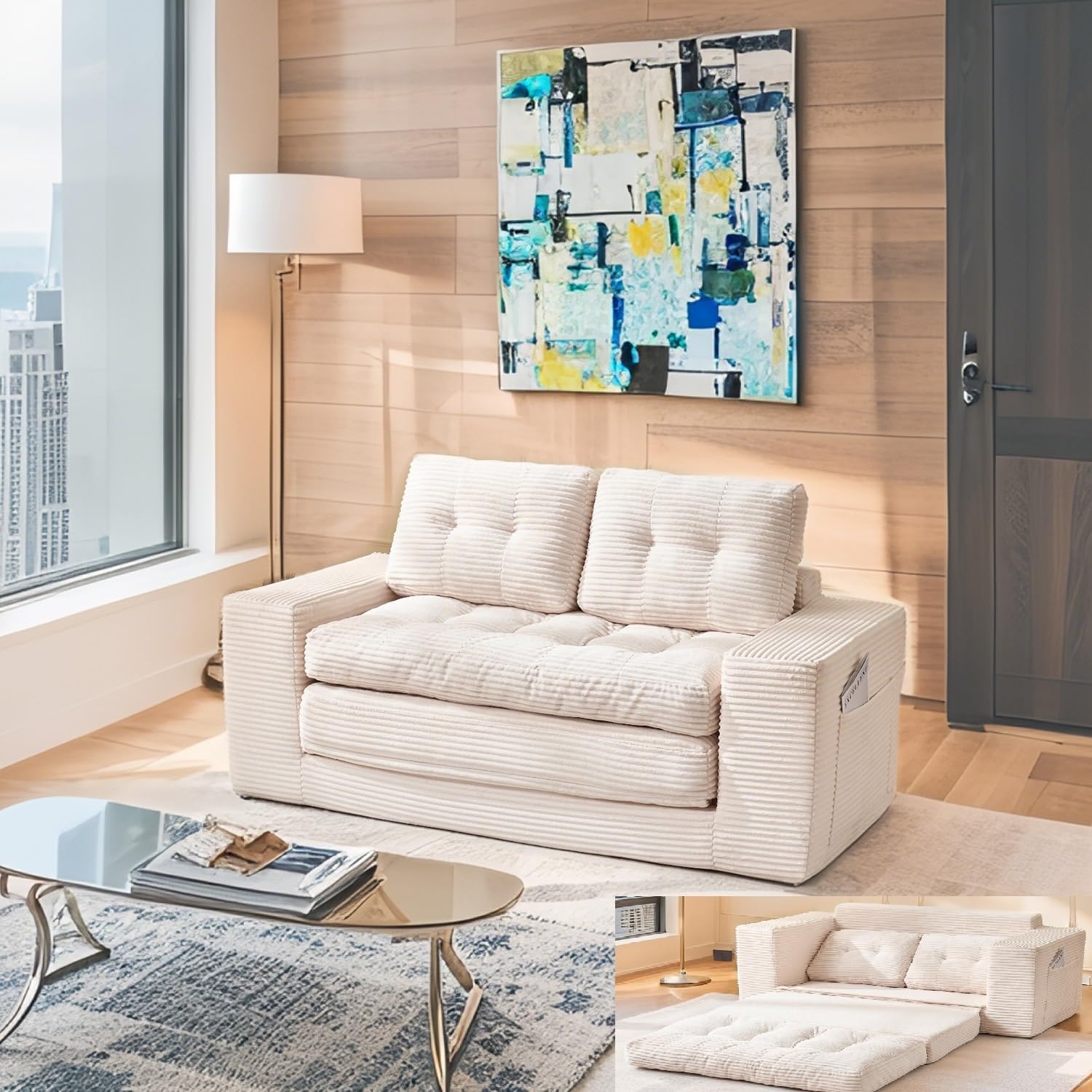 Modern Convertible Loveseat Sofa in a Box, Foldable 2 in 1 Sofa Bed,Cream White Ribbed Corduroy Fabric, Pull-Out Sleeper, Rearrangeable Couch for Apartment/Small Living Room