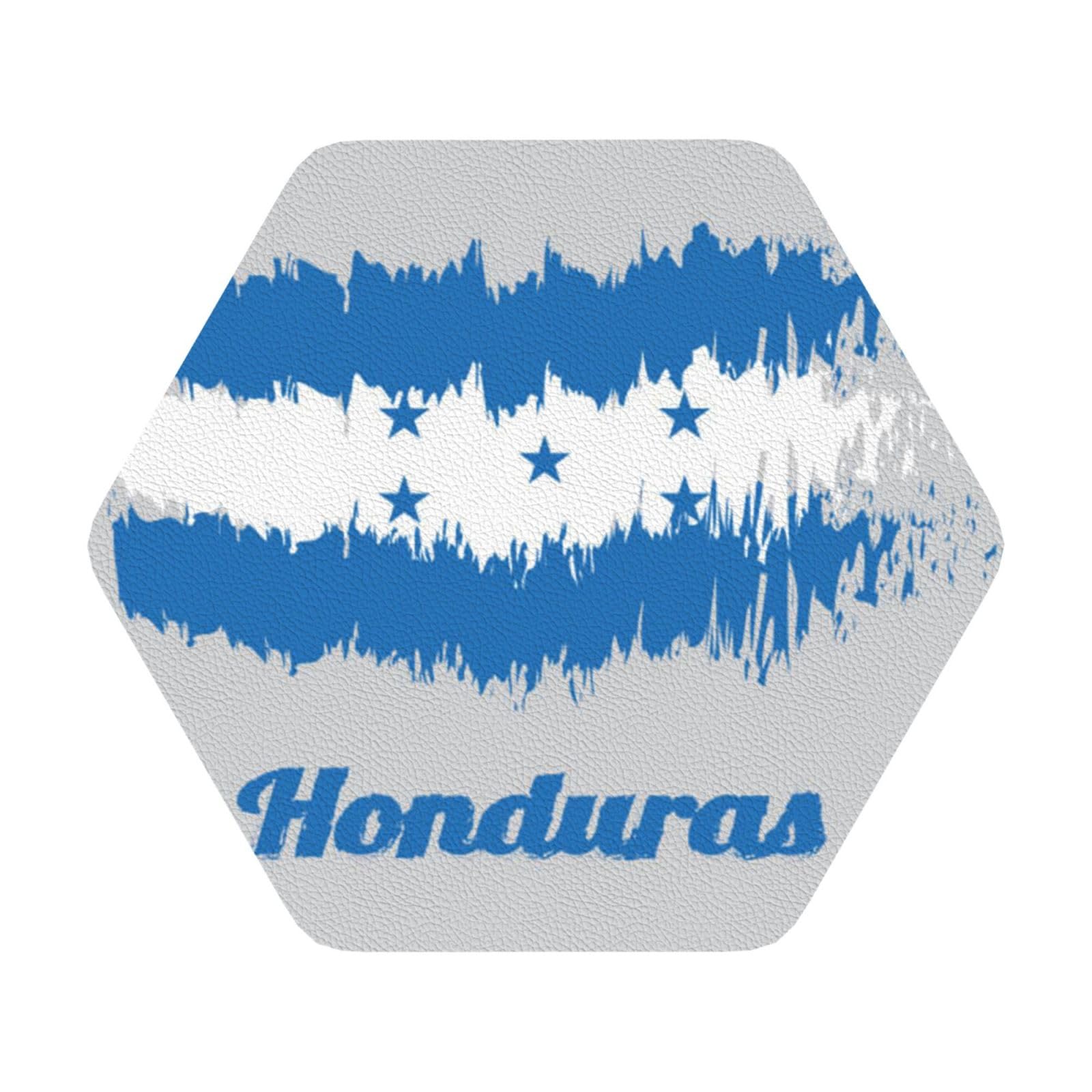 Blue Honduras Flag PU Leather Coasters Set of 6 Hexagon Drink Coasters