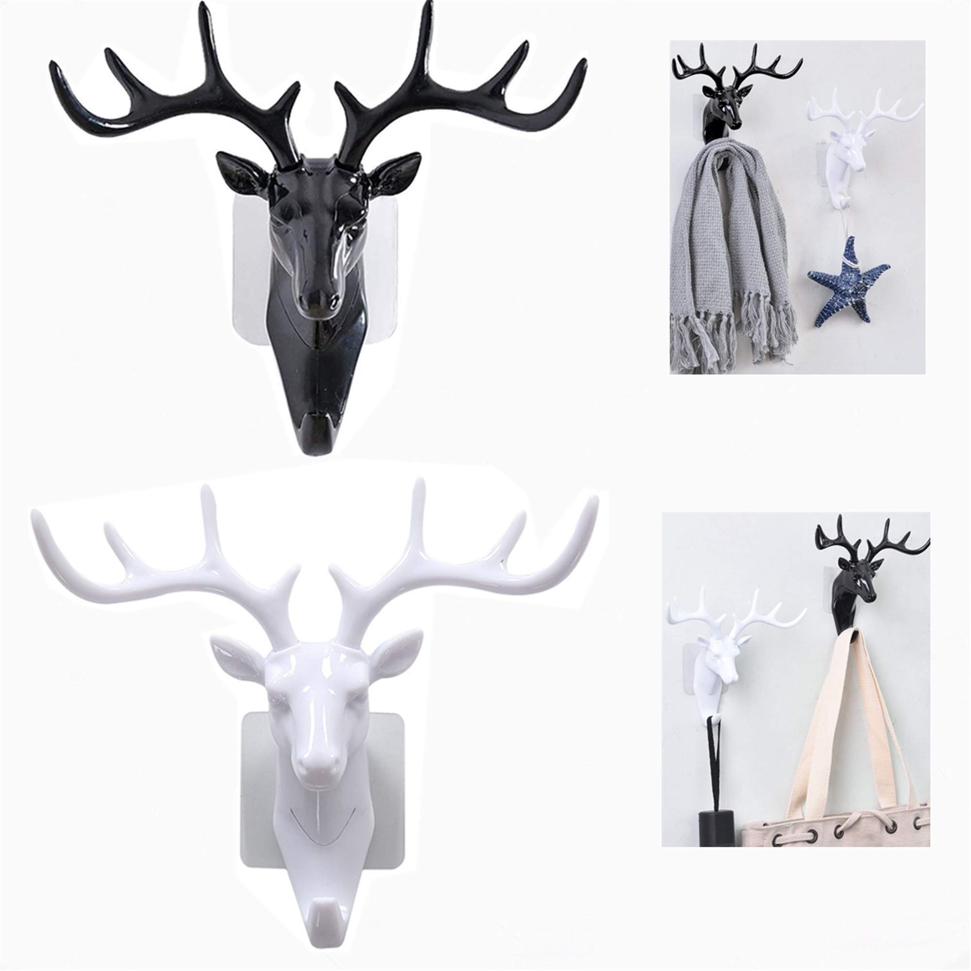 Cafini 2pcs Heavy Duty Deer Head Hooks Self Adhesive Deer Adhesive Antler Hooks Hangers Decorative Animal Wall Key Hangers for Home,Office and Bathroom