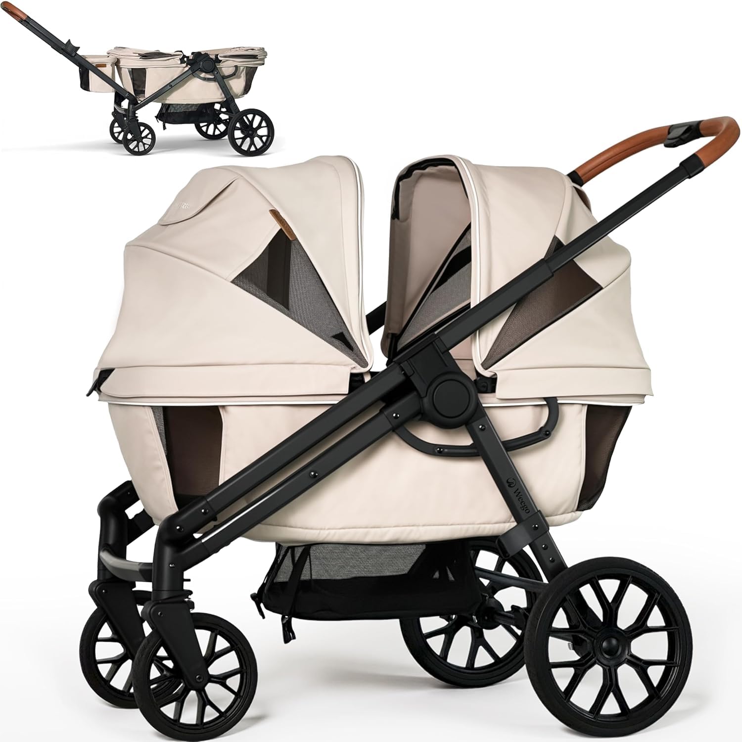 Tandem Wagon Kinderwagen für 2 Kinder, All-Terrain mit abnehmbarem UV-Schutzdach, verstellbarem Schiebe-/Ziehgriff, Snack-Tablett und Getränkehalter, perfekt für Baby und Kleinkind (Khaki)