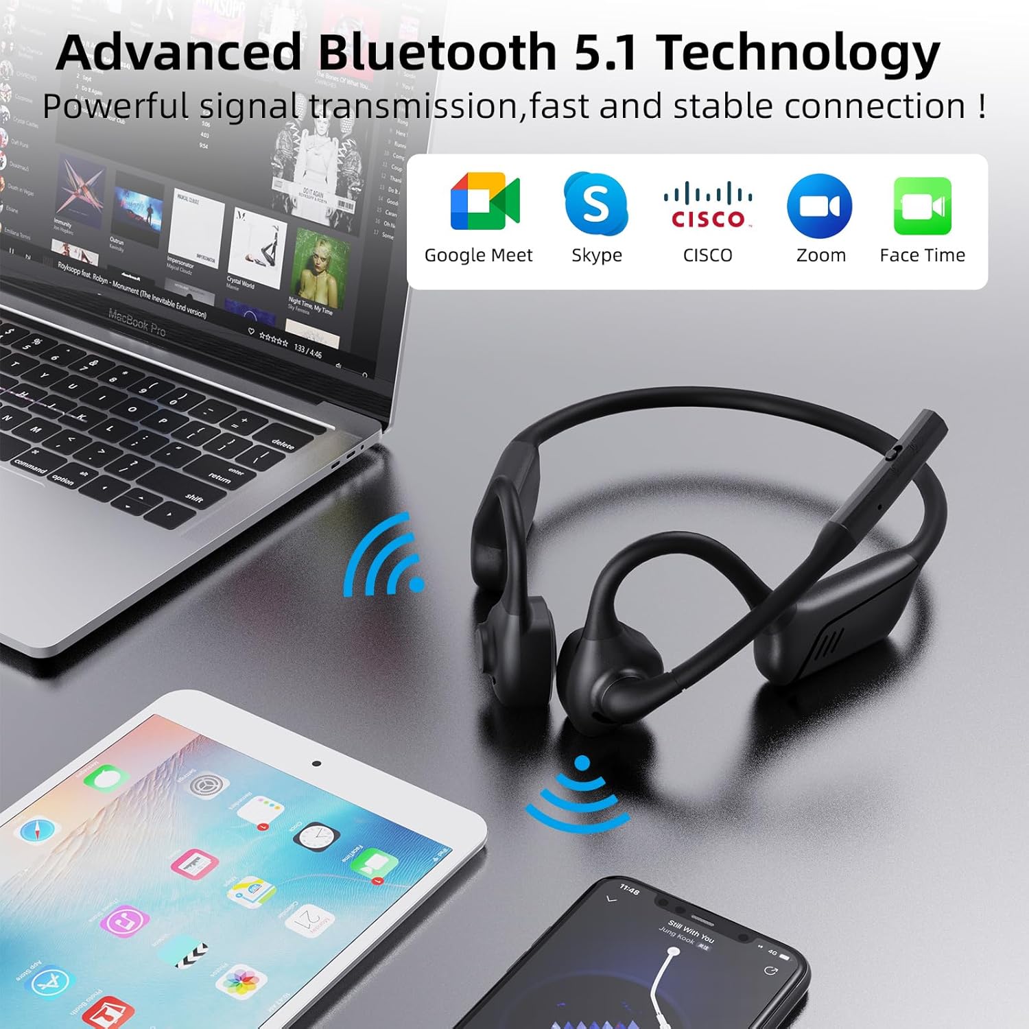 Air Conduction Headset with Mic, Open Ear Wireless Headphones with ENC Noise Cancelling and Mute Button, Lightweight, AptX-LL Bluetooth 5.1 Headset for Office Driving Working Home-10 Hrs（Black）