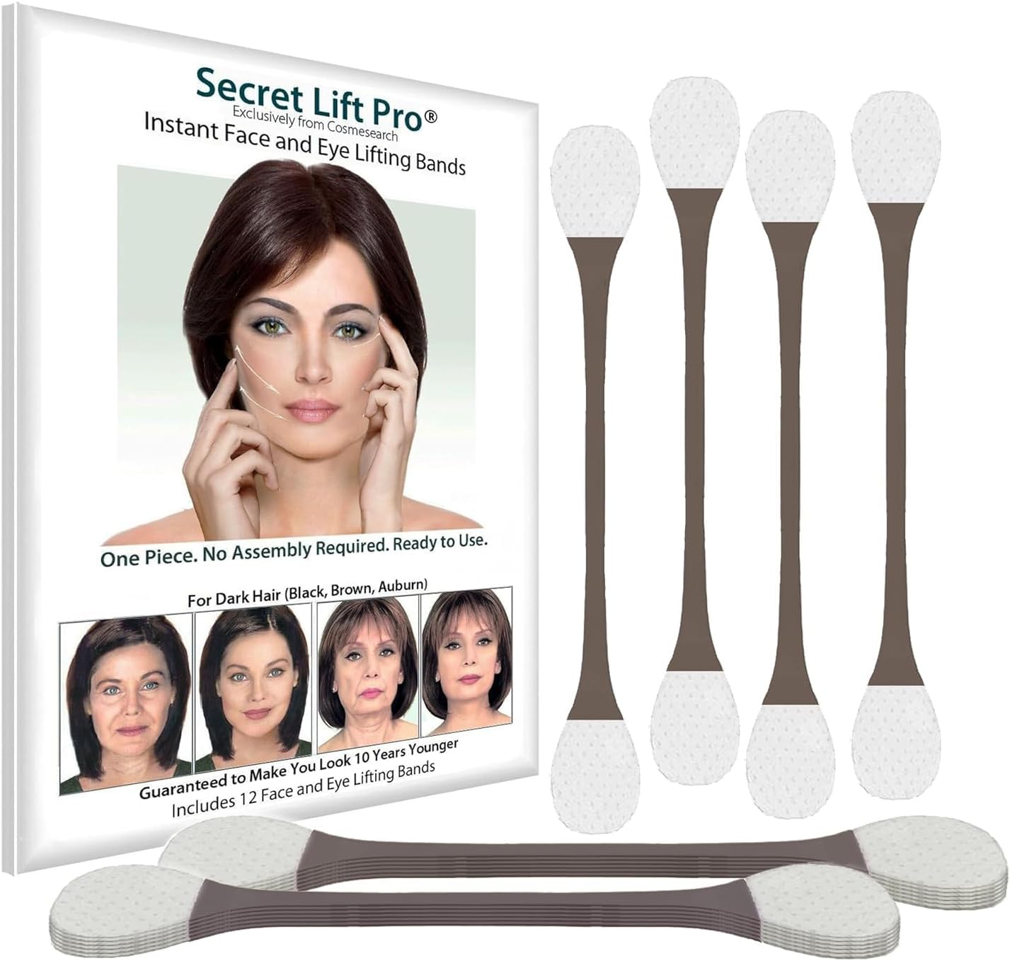 Secret Lift Pro - Pre-Assembled Face and Eye Lift Tapes with Bands One Size (Dark Hair)