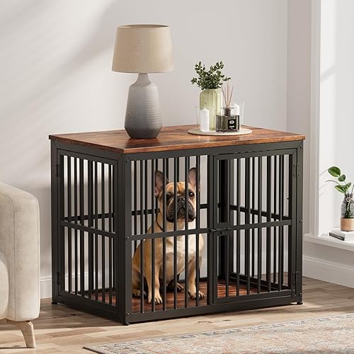 Lyromix Mueble de jaula para perros de 33 pulgadas con 3 puertas, mesa auxiliar de madera resistente para perros pequeños a medianos, múltiples