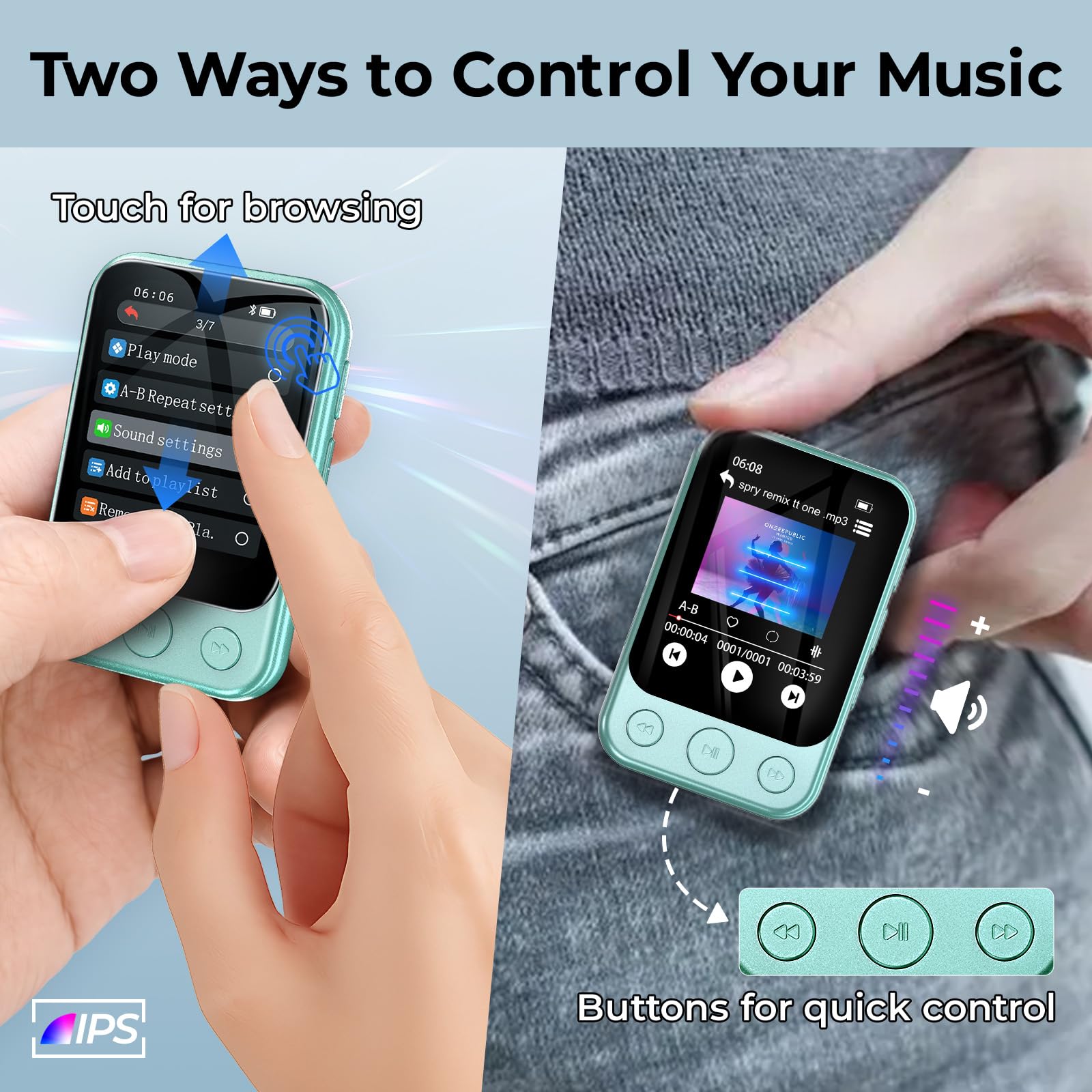 Lettore MP3 64GB Bluetooth 5.3 con Clip, Touchscreen & Tasti, Altoparlante | Musica senza smartphone · Solo 37g · Facile da usare · Audiolibri & apprendimento · Timer di spegnimento