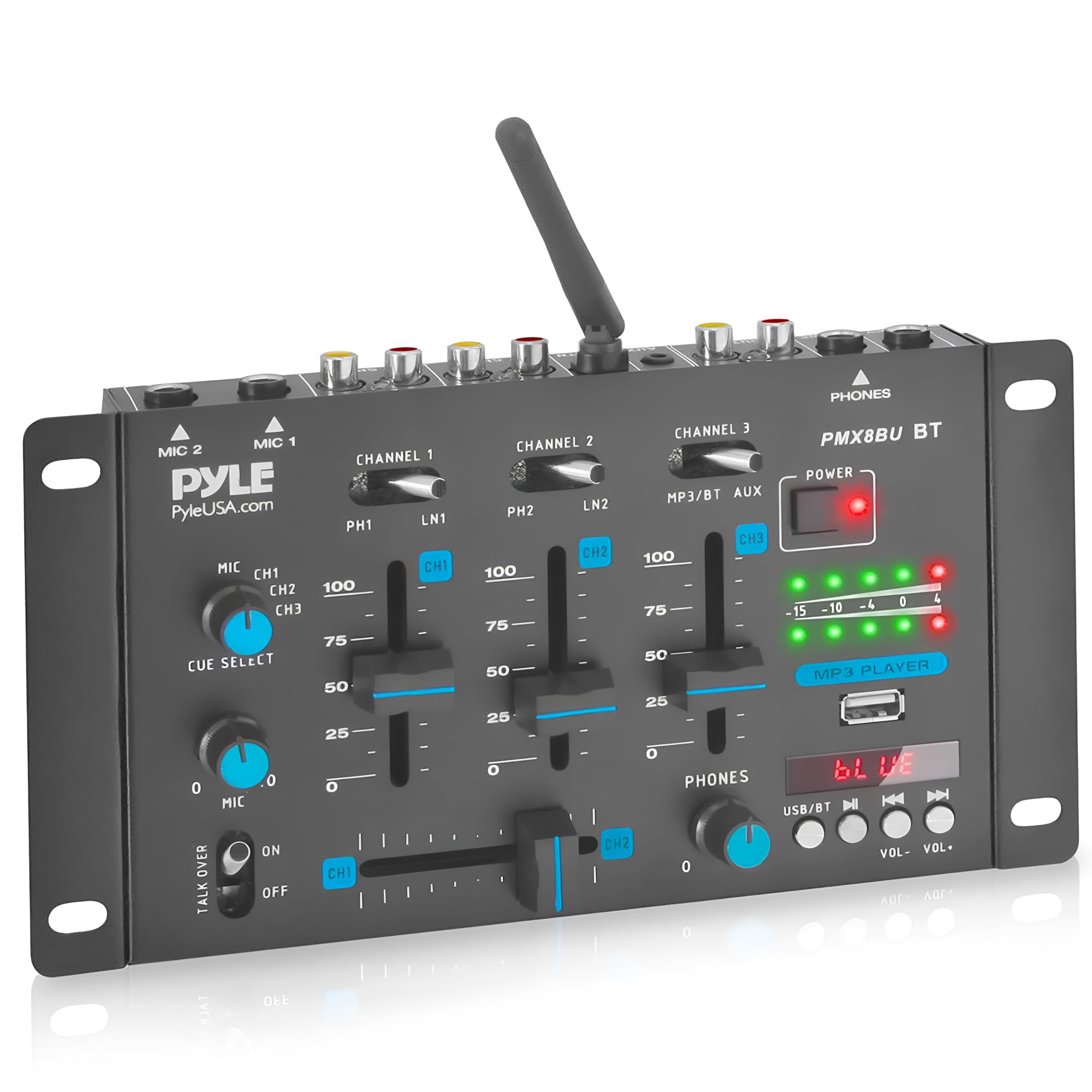 Pyle Mixer DJ Wireless, Mixer Audio Bluetooth 3 Canali, Talkover Microfono, Lettore USB, RCA Phono/Linea, Ingresso Microfono, Console DJ, Jack Cuffie