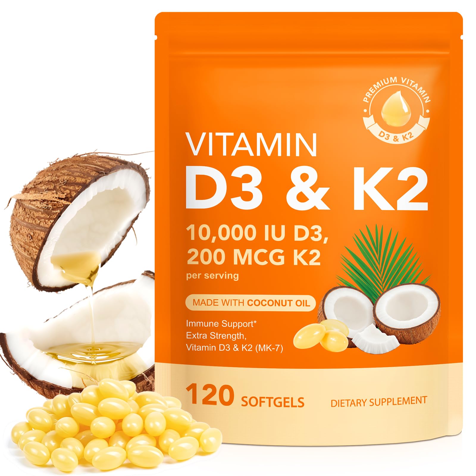 Vitamin D3 K2 with Coconut Oil - Vegan Vitamin D3 10000iu & Mk7 Vitamin K2 200mcg for Bone & Immune Support - Non-GMO, Soy Free - 120 Softgels