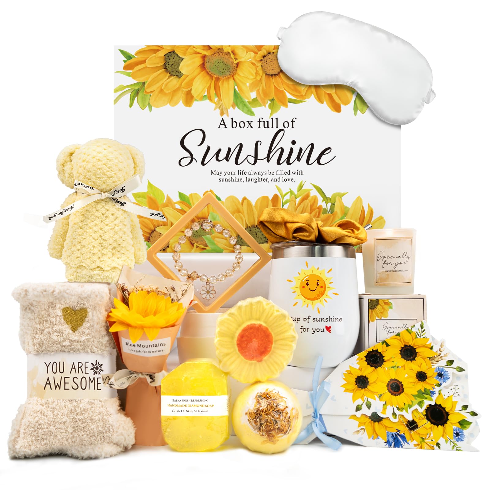 Gift Baskets for Women, Sending Sunshine Sunflower Care Package for Women, Thank You, Get Well, Sympathy Inspirational Friendship Christmas Gifts for Mom Her Sister Friends Wife, Self Care Spa Basket