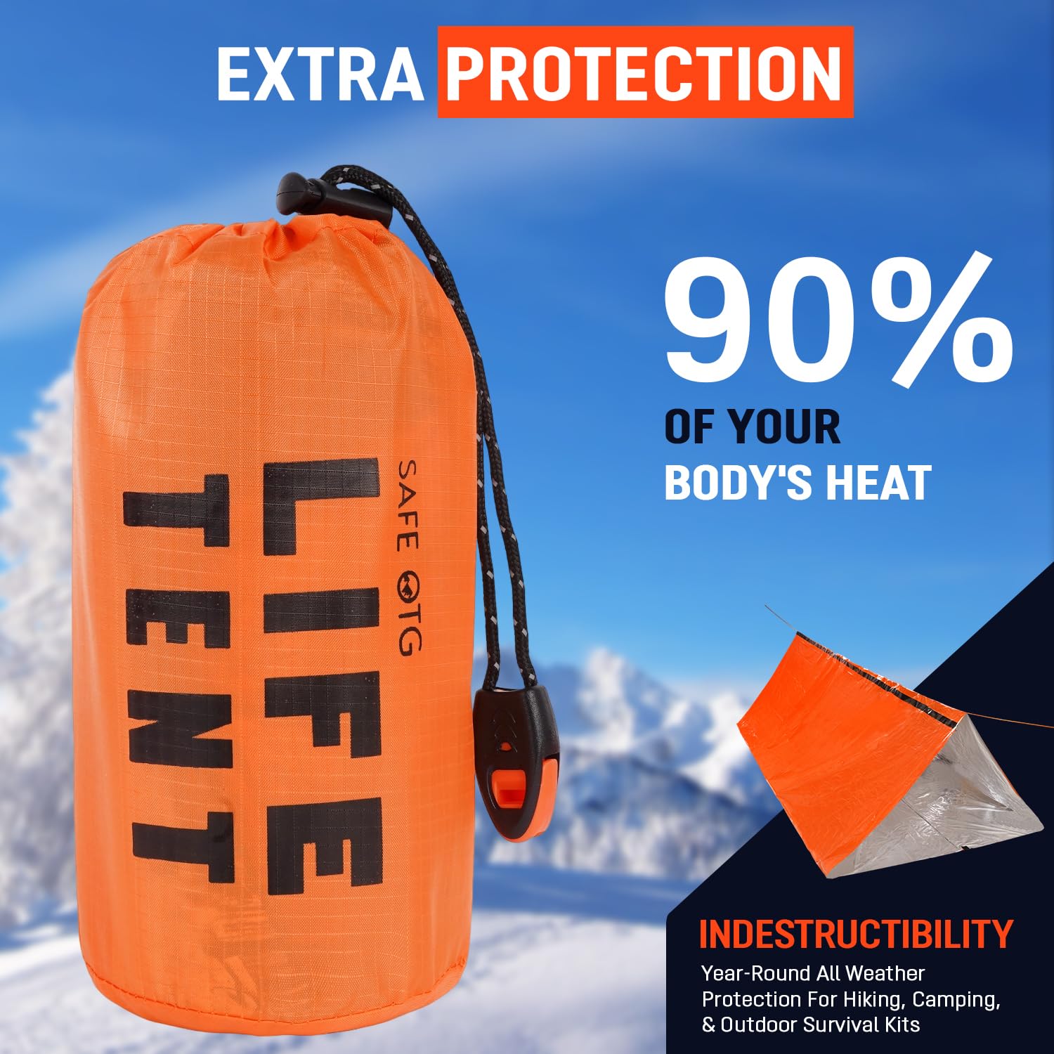 4 Life - Kit de supervivencia para tienda de campaña de emergencia para 2 personas, color naranja, impermeable, tubo térmico, lona con silbato y cuerda de paracaídas para coche, actividades al aire