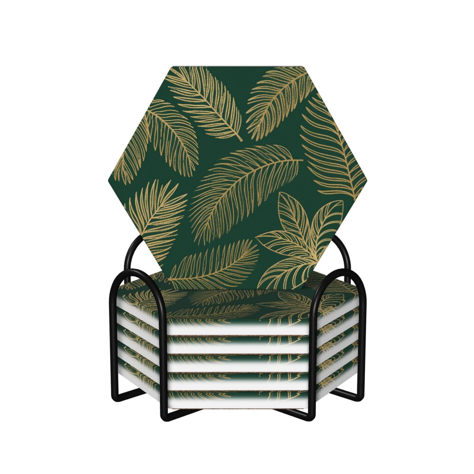 Lot de 6 sous-verres en céramique palmier, cadeau chic avec socle en liège