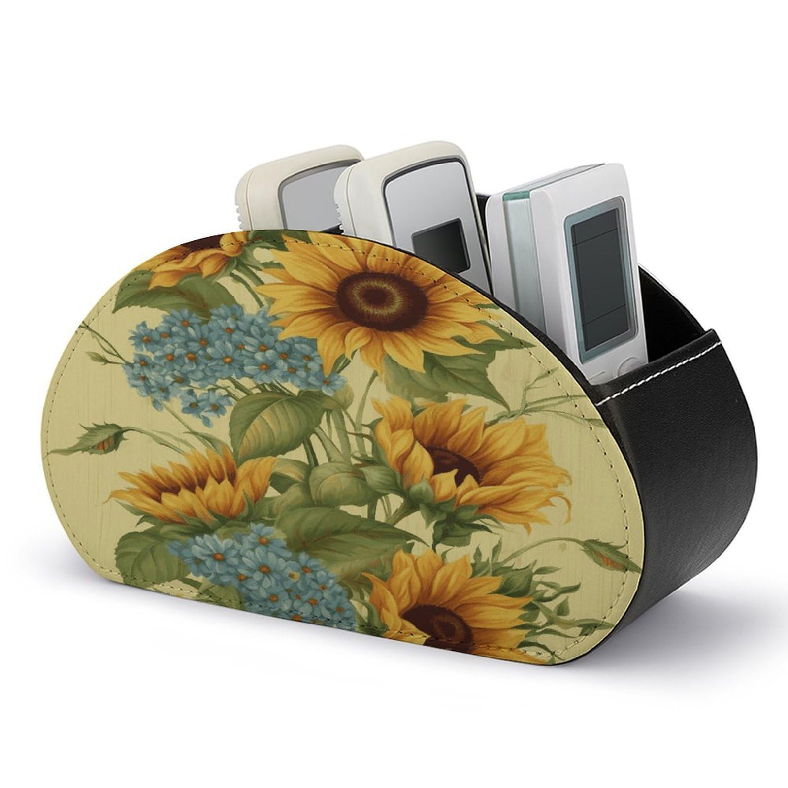 FekiLoot Sunflowers Remote Control Holder, PU Leather Remote Control Organizer Box Stationery Remote Control Box Desk Storage Organizer for DVDs,Glasses,Pens,Media Players