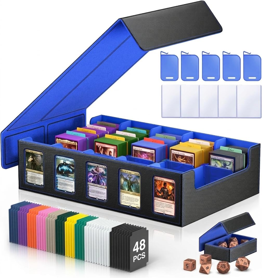 CyperEver Trading Card Storage Box MTG Deck Box TCG Card Case 5-Row Card Storage Box for Graded Card Storage, Fits 3900+ Cards 5 Toploaders 5 Stoppers 48 Dividers 1 Dice Tray