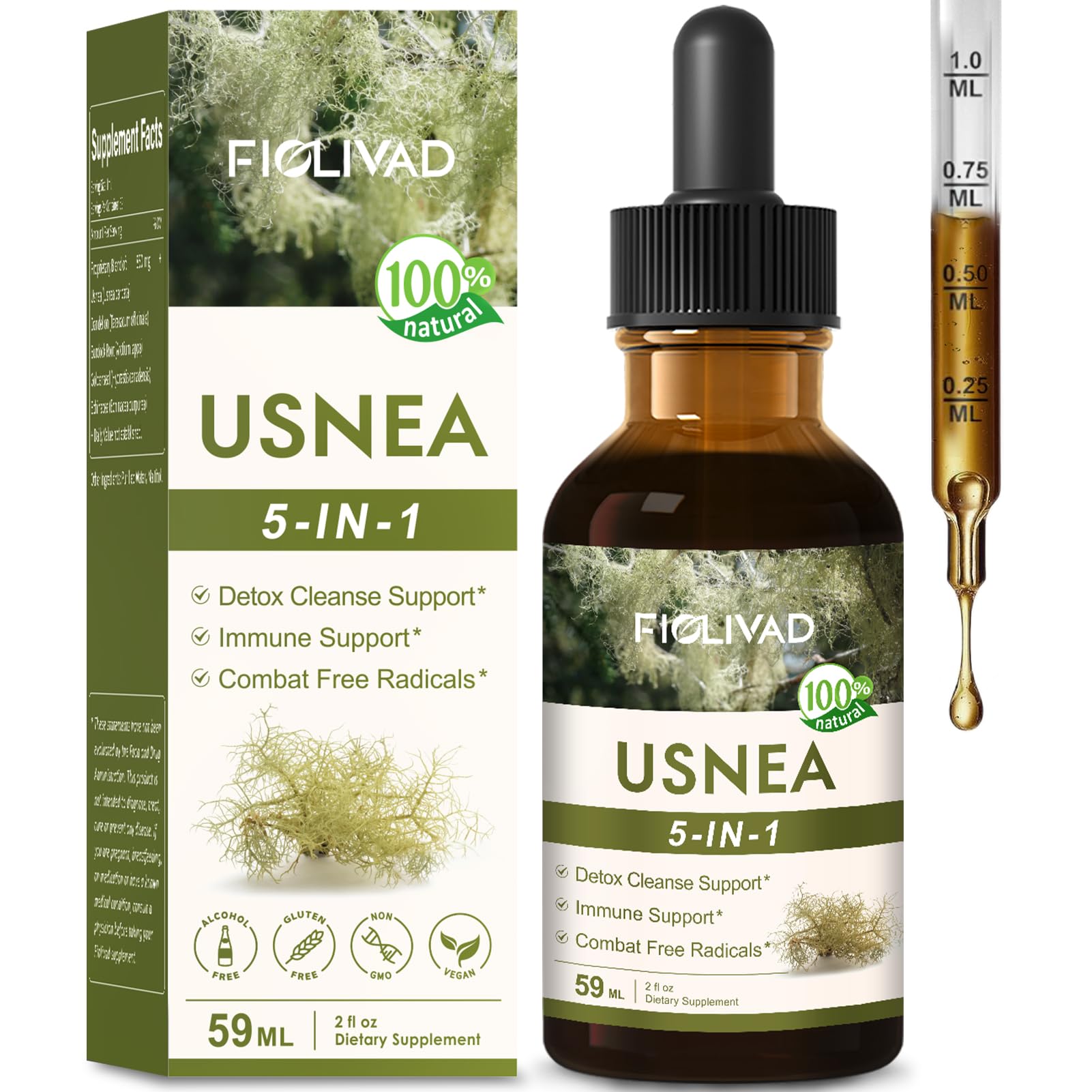 FIOLIVAD Tintura herbal de Usnea barbata, hidraste e equinácea em gotas, 59 mL