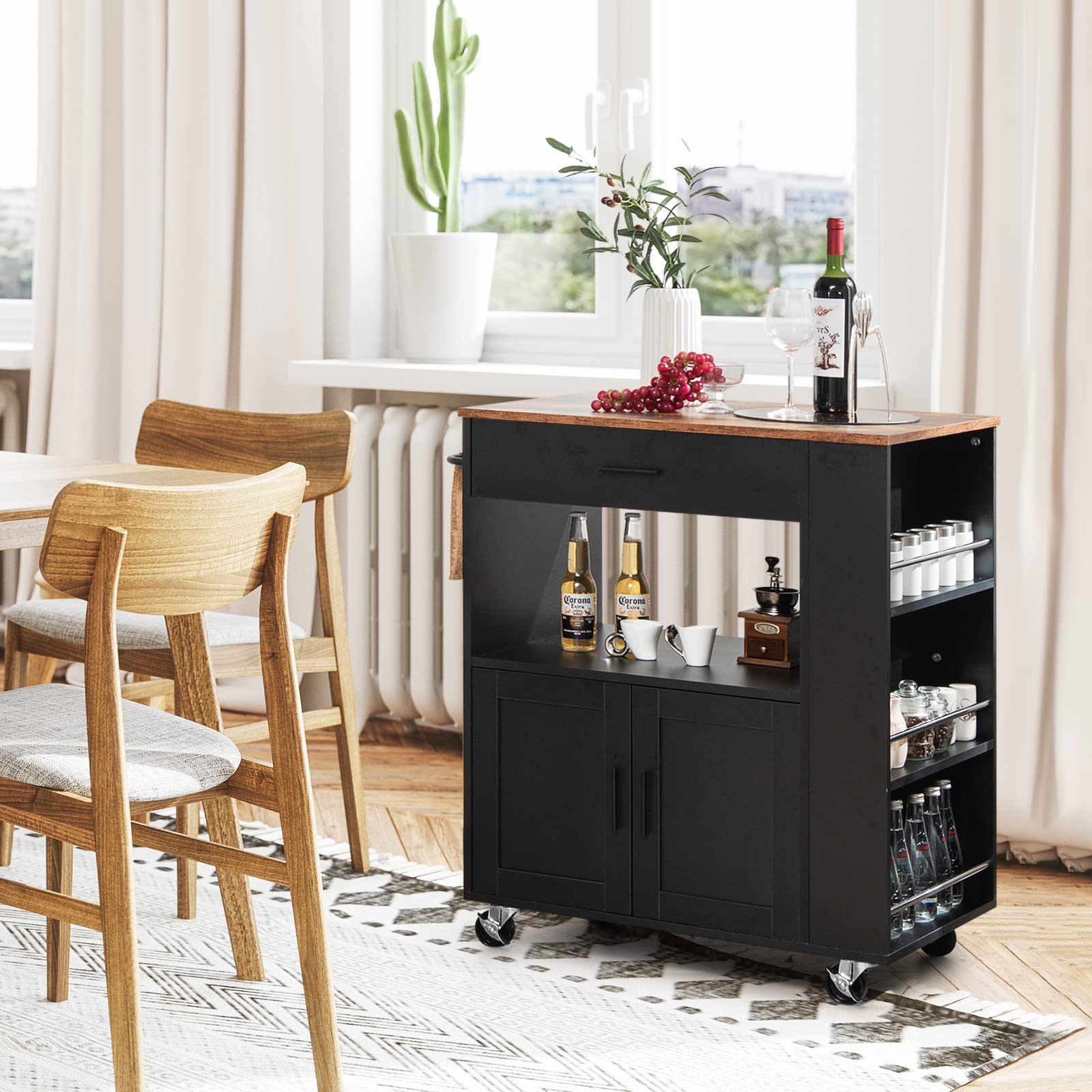 KOMFOTTEU Carrito de Cocina con Ruedas, Carro de Servicio con 3 Estantes Laterales, Armario de Puertas y Cajón, Isla de Almacenamiento con Toallero, Buffet de Comedor, 82 x 50 x 92 cm (Negro)