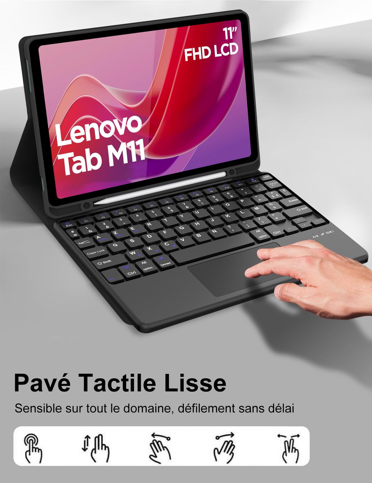 FOGARI Clavier pour Lenovo Tab M11 11" 2024, AZERTY Français Pavé Tactile Clavier Bluetooth sans Fil, Intelligent Housse pour Lenovo Tab M11 Tablette TB-330XU/330FU - Noir