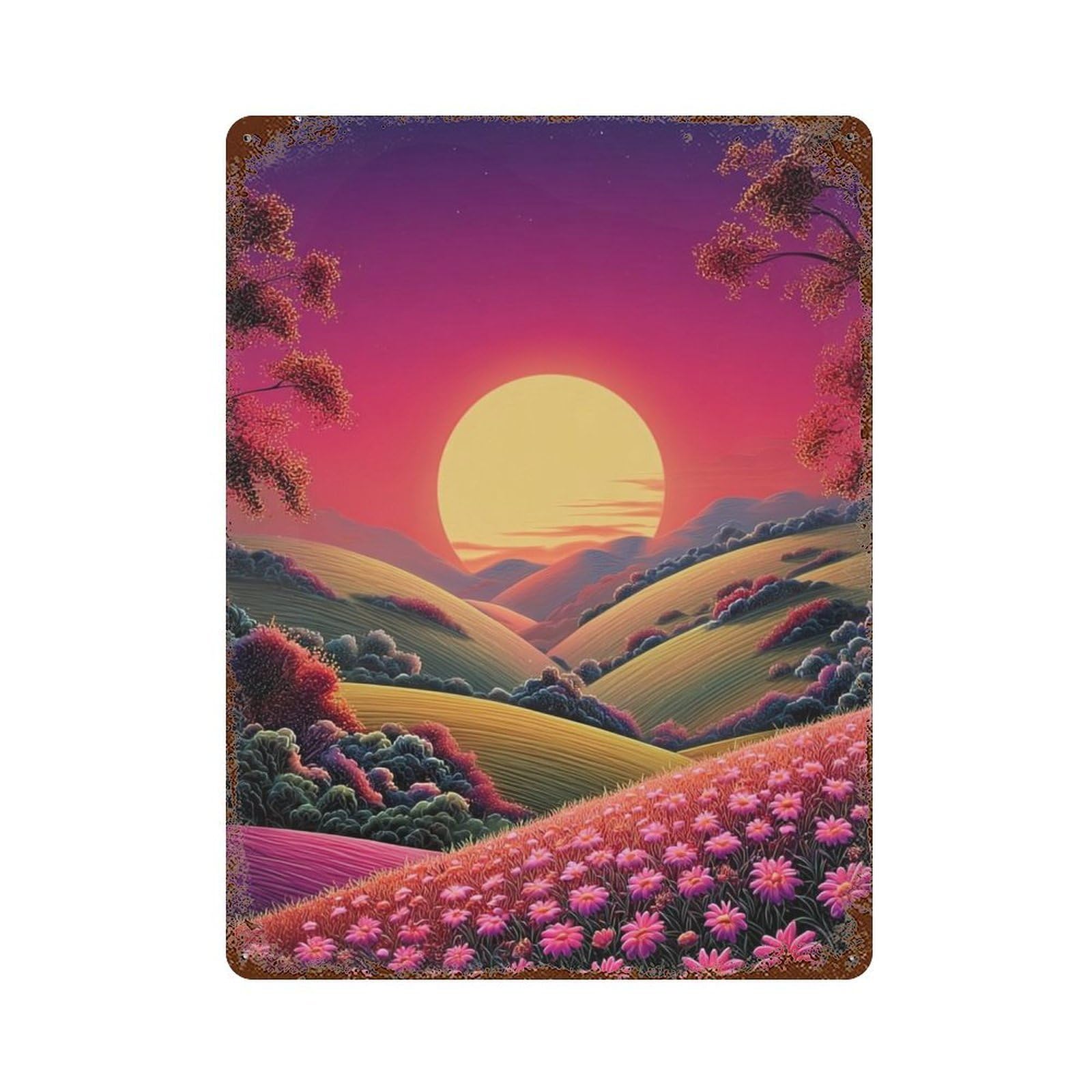 Sunset Over Rolling Hills Rusty Metal Tin Sign 15.7"x11.8", for Pub, Kitchen And Man Cave Decor, Novelty Wall Decor