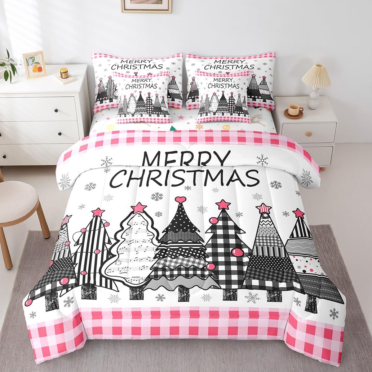 Pink Christmas Tree Bed in a Bag Queen Comforter Set 7 Piece, Buffalo Plaid Christmas Decorations Bedding Sets Cute Xmas Snowflake Comforter and Sheet Set, Geometric Grid Lattice Room Decor