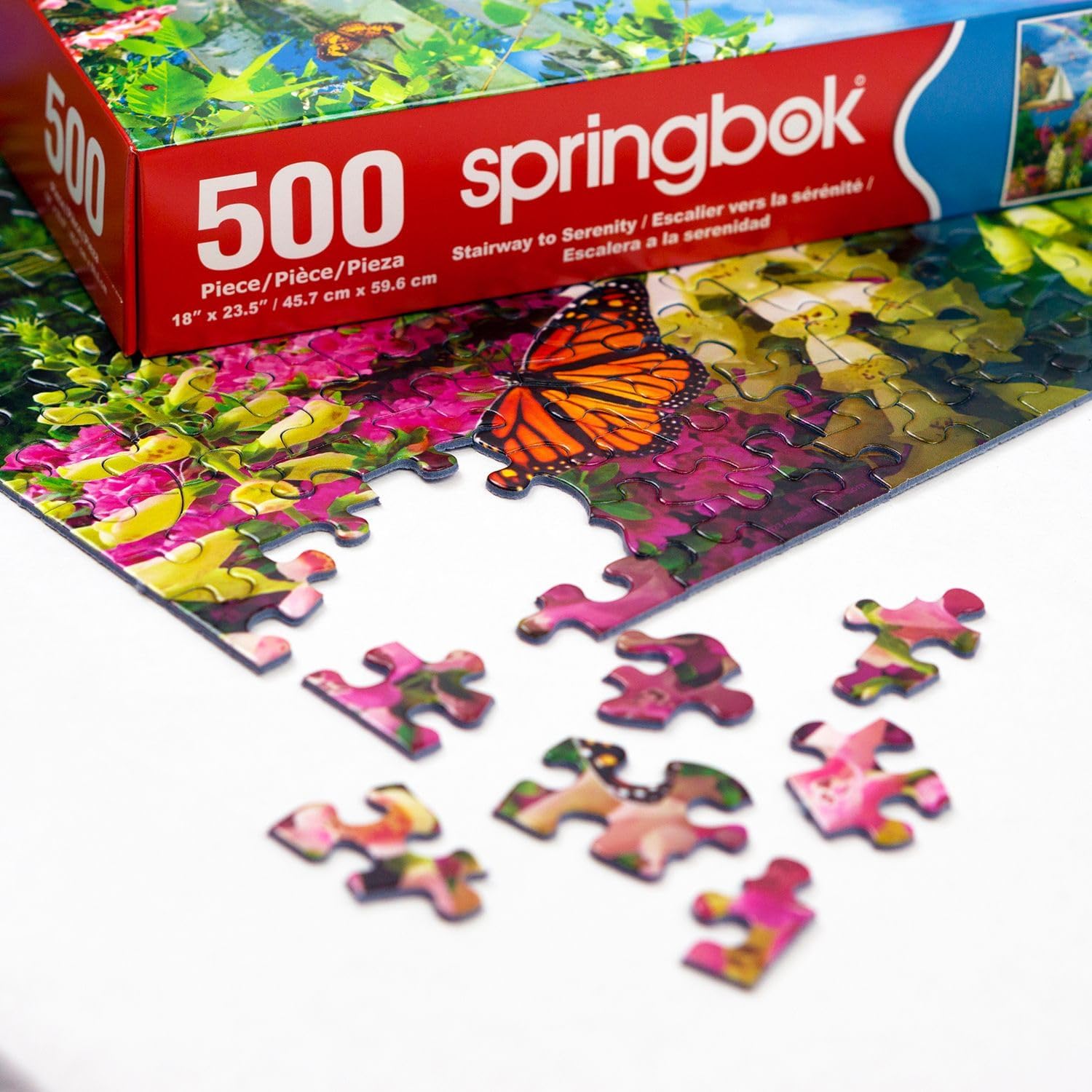 Springbok 500 Piece Jigsaw Puzzles - Set of 2 Alan Giana Images - Beautiful Blossoms and Stairway to Serenity
