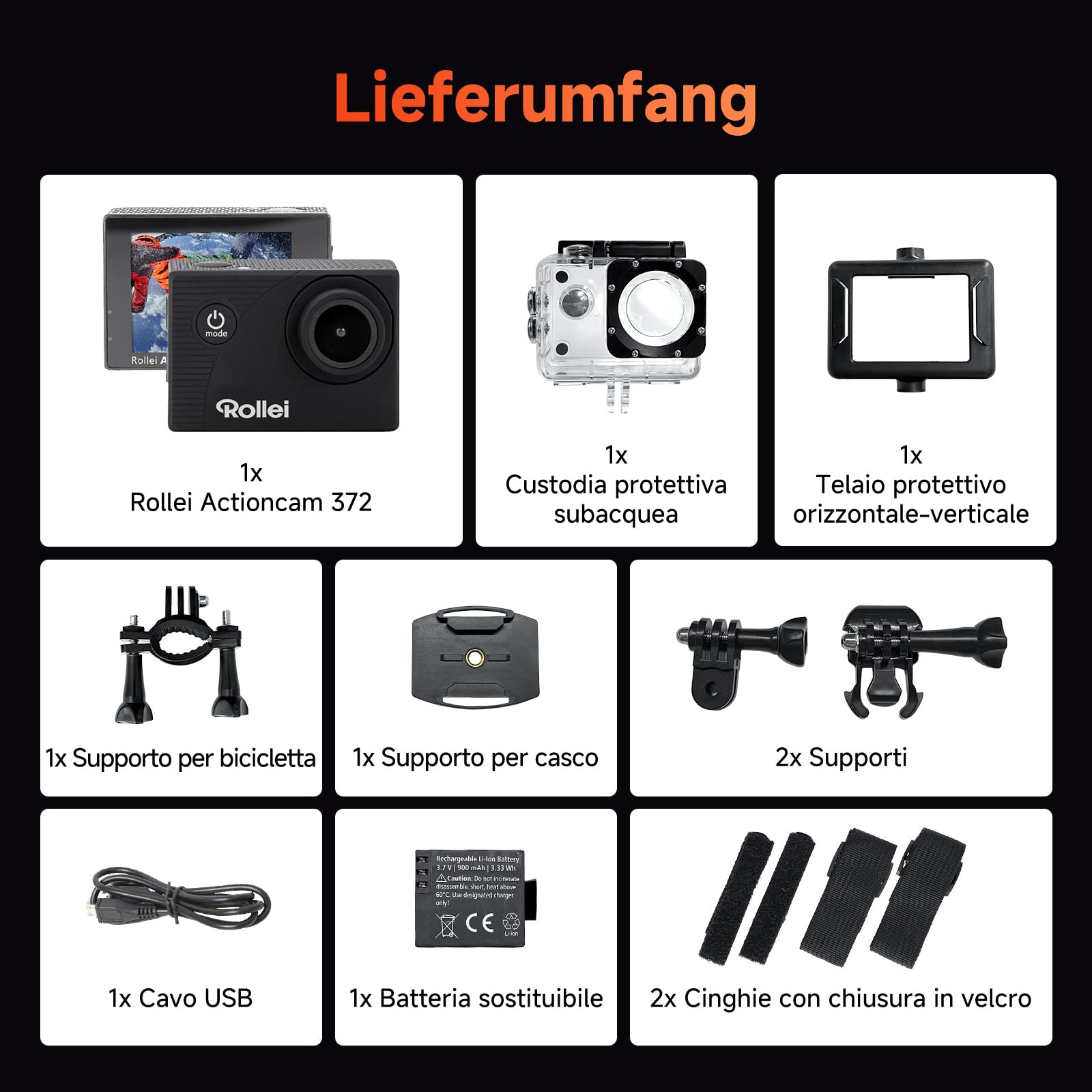 Rollei Actioncam 372 - Action-Camcorder con risoluzione video Full HD da 1080p/30 fps, Obiettivo grandangolare, impermeabile fino a 30 m, incl. custodia subacquea - Nero