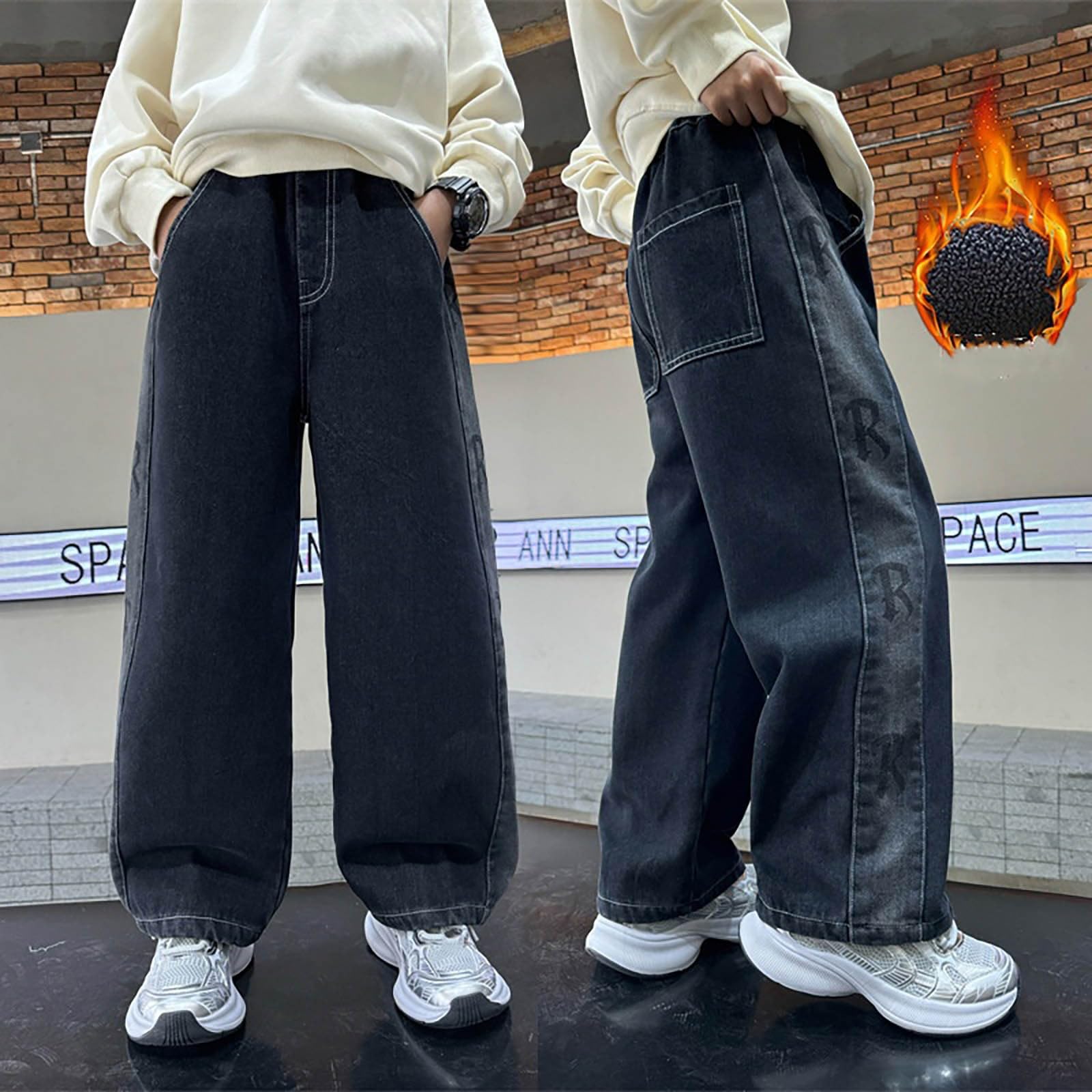 Generico Jeans Bambino 3-12 Anni Elasticizzati Baggy Felpati Pantaloni Jeans Denim Ragazzo Elastico in Vita Straight Vintage Pantaloni Lavoro Cargo Stretch Imbottiti Invernali Y2K Streetwear Tasche