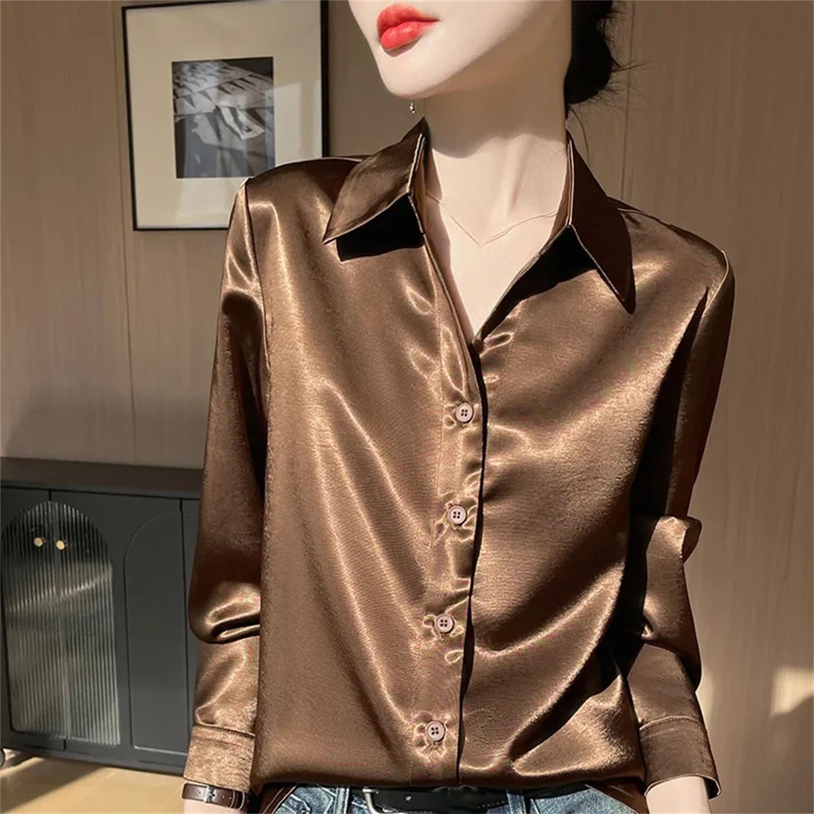 Camicetta da donna in acetato satinato con scollo a V, a maniche lunghe, liscia e setosa, per ufficio professionale