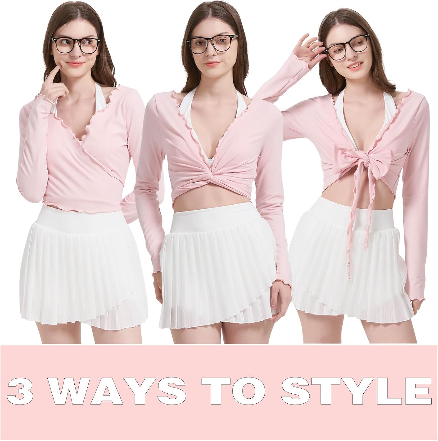 Women's Ballet Wrap Crop Top, Long Sleeve V-Neck Dance Shirt with Self Tie, Pilates Yoga Active Blouse, Pink