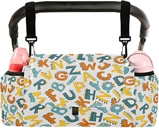 CUPADA Universal Baby Stroller Organizer Bag Unique Dino Alphabet, Stroller Organizers with Insulated Cup Holders Detachable Shoulder Strap Storage Carrying Diaper and Snacks