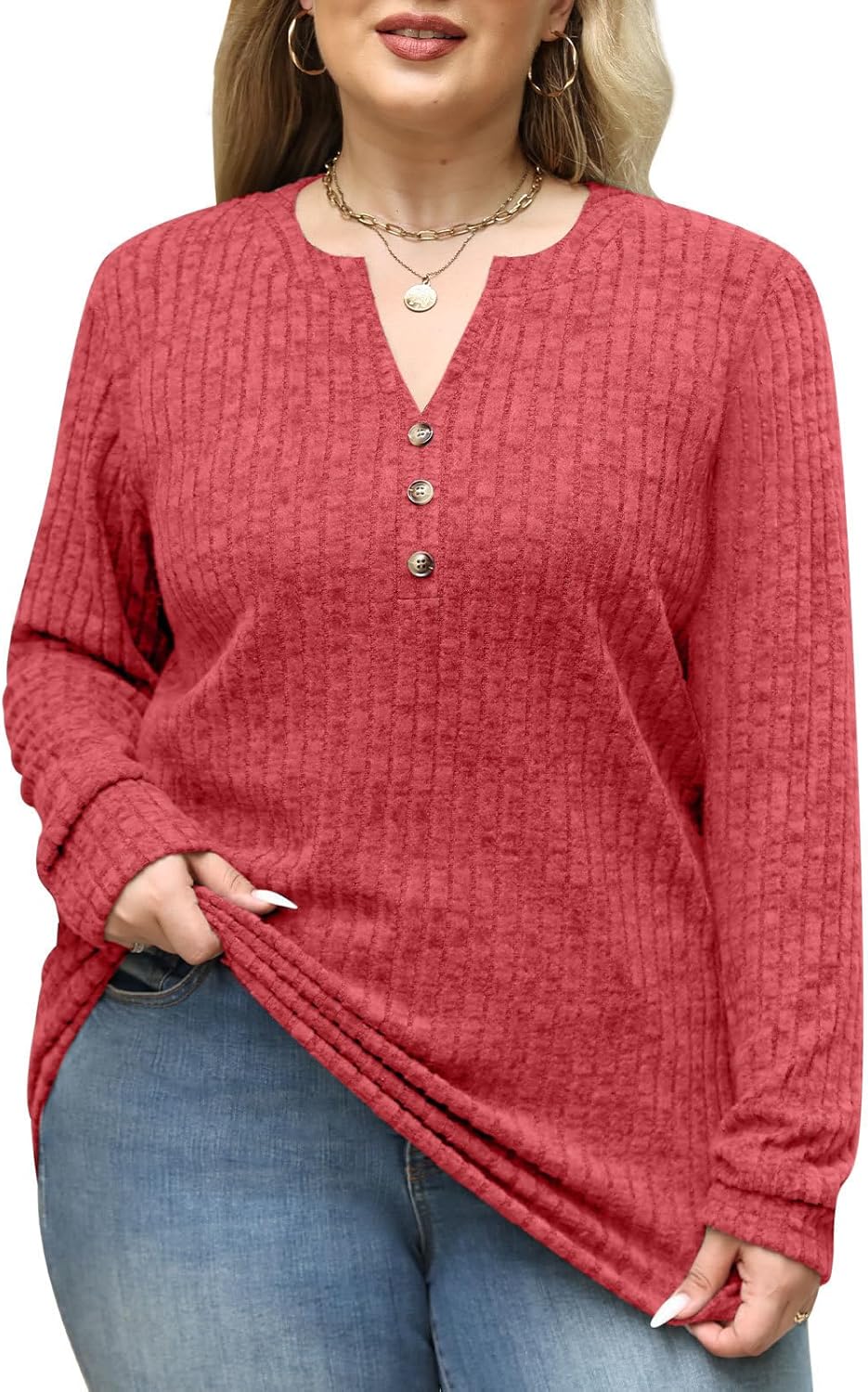 Plus Size Tops for Women Long Sleeve V Neck Button Down Shirts Casual Loose Tunic Sweaters Fall Winter Outfits L-4XL - Image 4