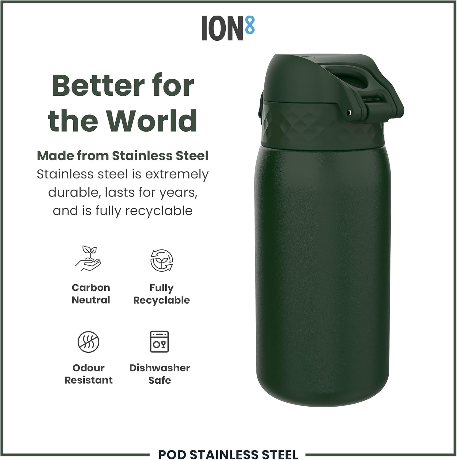 Ion8 Kids Water Bottle, Steel 400 ml/13 oz, Leak Proof, Easy to Open, Secure Lock, Dishwasher Safe, Flip Cover, Carry Handle, Easy Clean, Durable, Scratch Resistant, Carbon Neutral, Dark Green