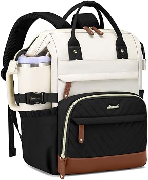 Laptop Backpack for Women School Bookbag 15.6 Inch College Backpack with Tumbler Holder Pocket Casual Daypack for Teen Girls Student Travel Computer Backpack for Nurse Teacher Work Beige Black Brown