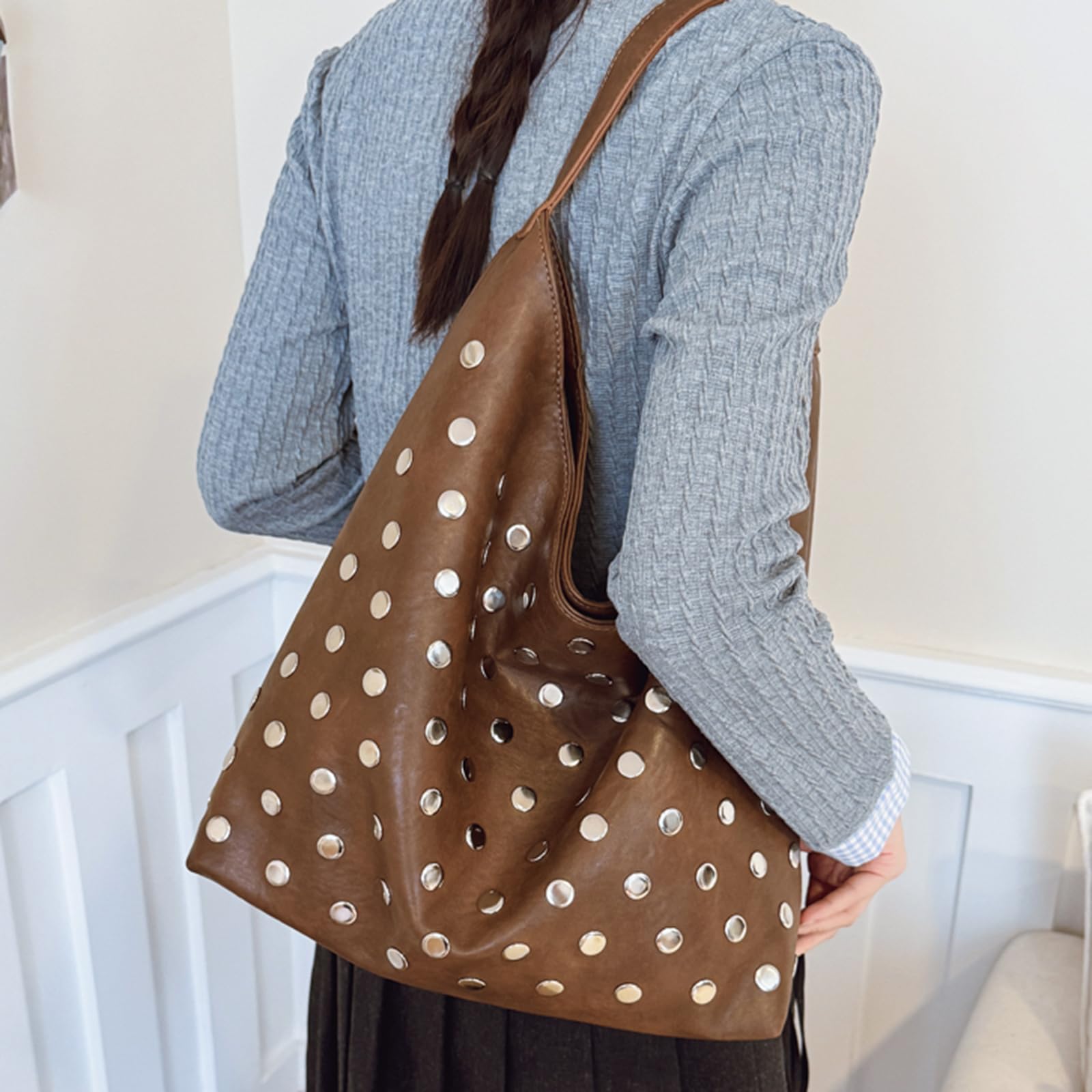 Bolso de mano de piel sintética para mujer con remaches, bolsa de hombro informal de gran capacidad para actividades diarias y salidas, Café 2 unidades, 460x280x220MM, Informal