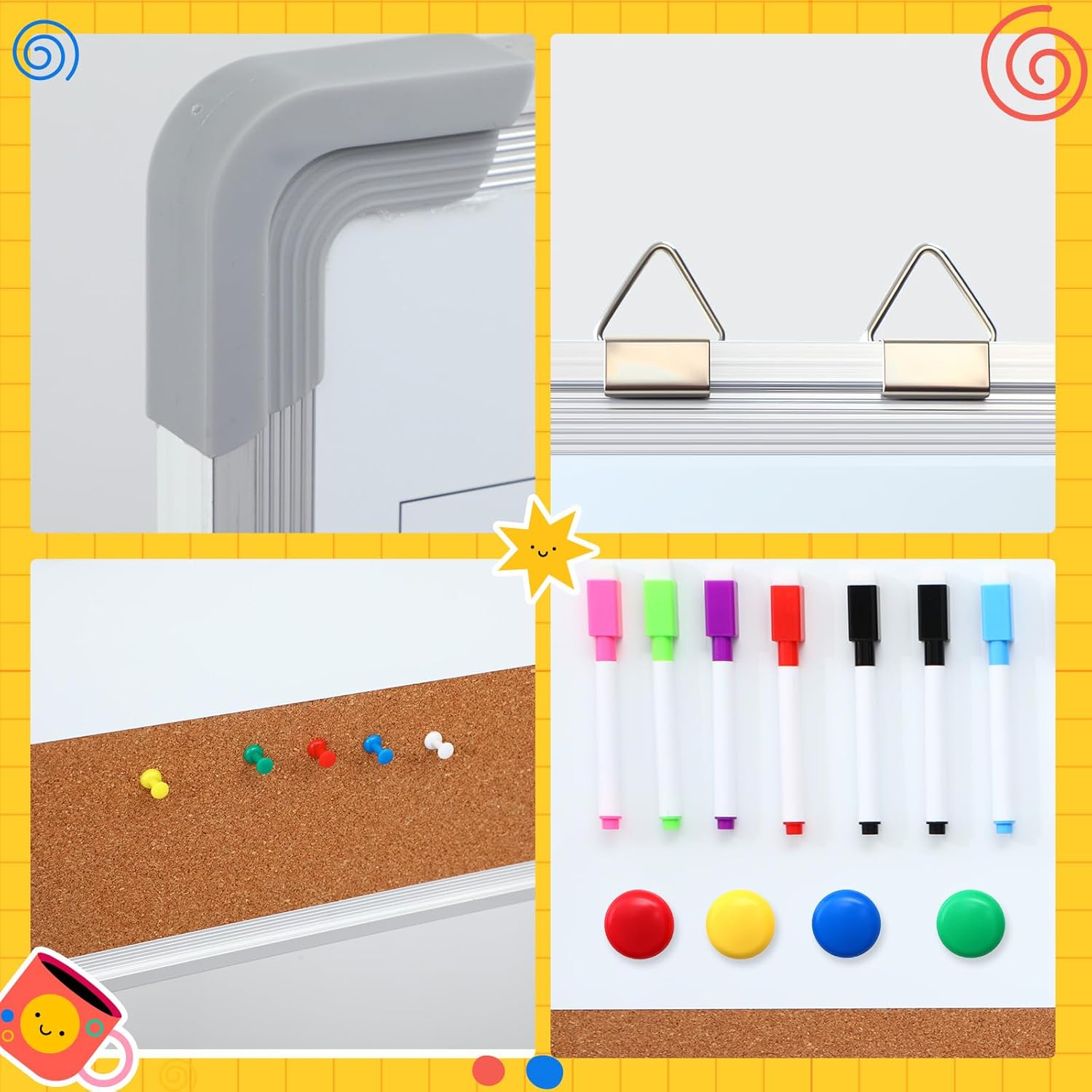 Lincia 1 Set Whiteboard Dry Erase Cork Board Combo, 24" x 18" White Board with 1 Magnetic Dry Eraser, 8 Markers, 4 Magnets, 5 Cork Pegs and 2 Red-Tailed Screw for Office, Home, School, Office Desk