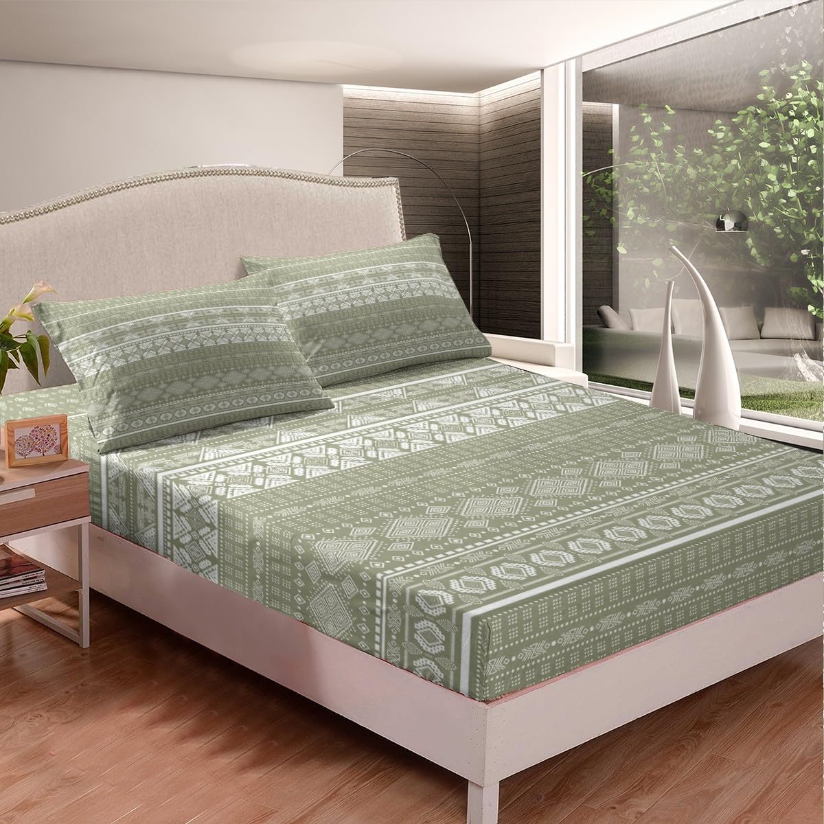 ボーホーストライプシーツ フルサイズ ボヘミアン アステカ ベッドシーツセット キッズ ガールズ レディース ティーン 民俗アート