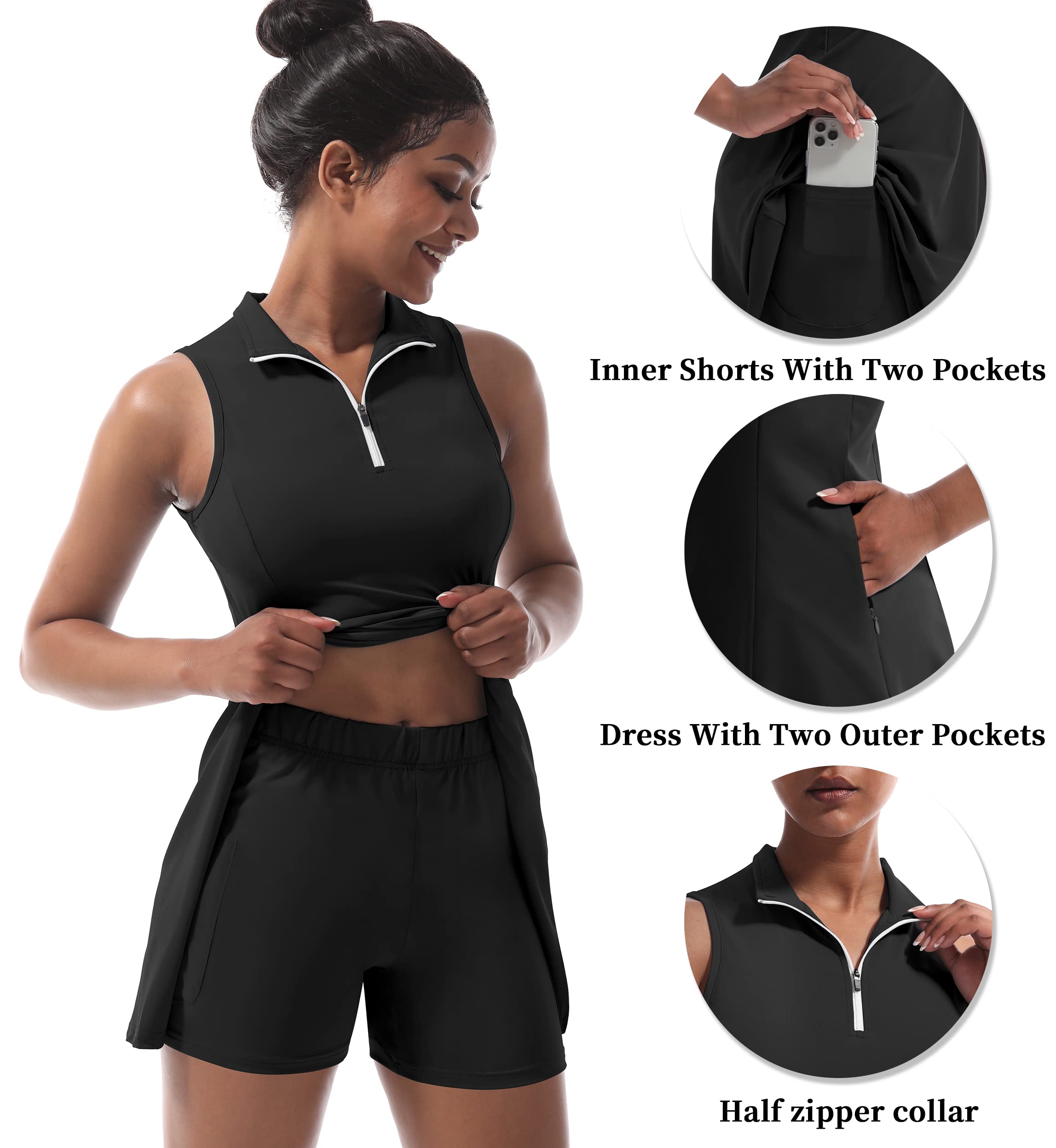 Abito da tennis da donna, abito da tennis e golf, con pantaloncini integrati e tasche, per allenamento senza maniche