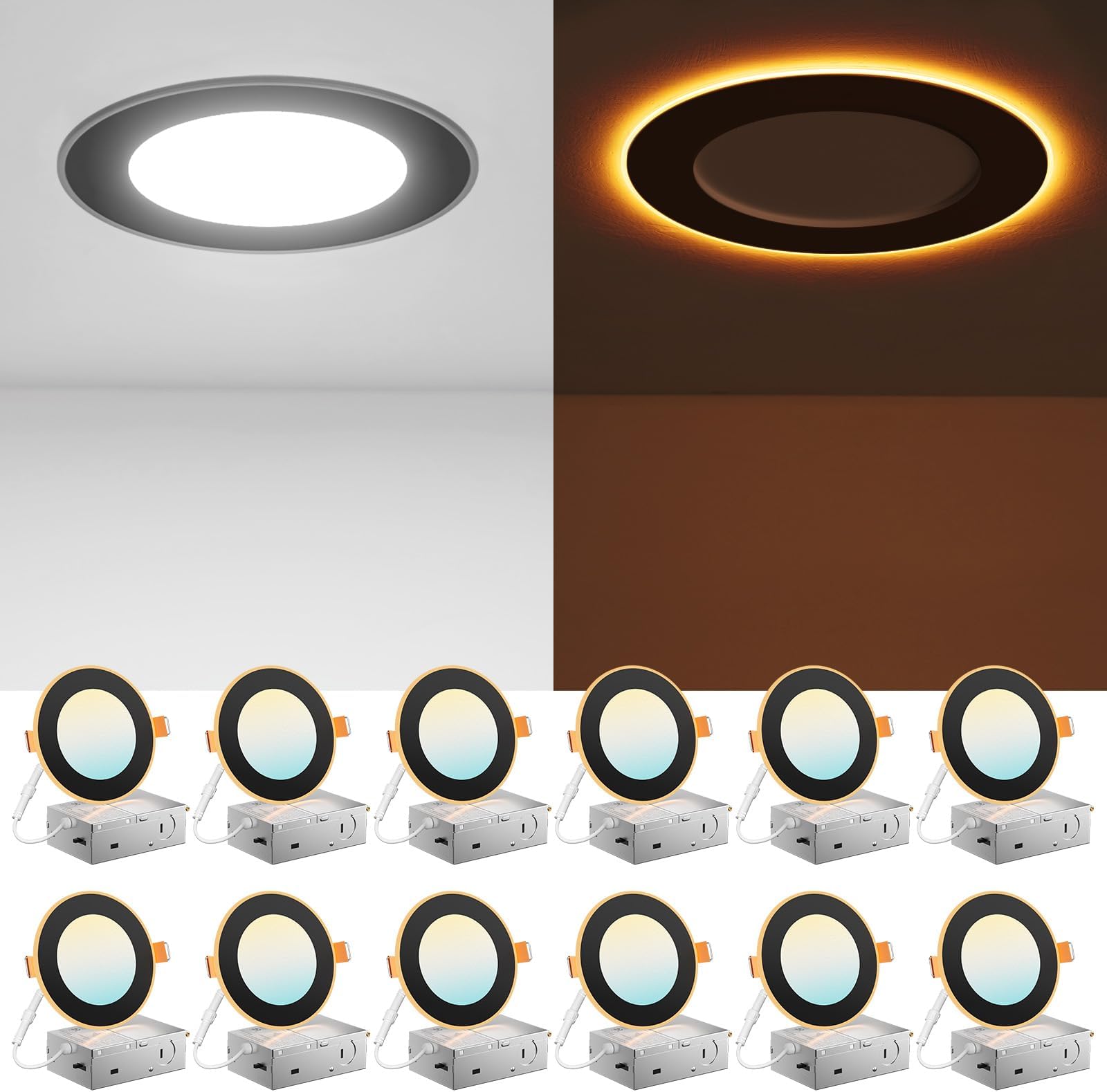 12 Pack Black 4 Inch 5CCT LED Recessed Ceiling Light with Night Light, 2700K/3000K/3500K/4000K/5000K Selectable Ultra-Thin Lighting, 10W=90W, 700LM, Dimmable Canless Wafer Downlight - ETL&FCC