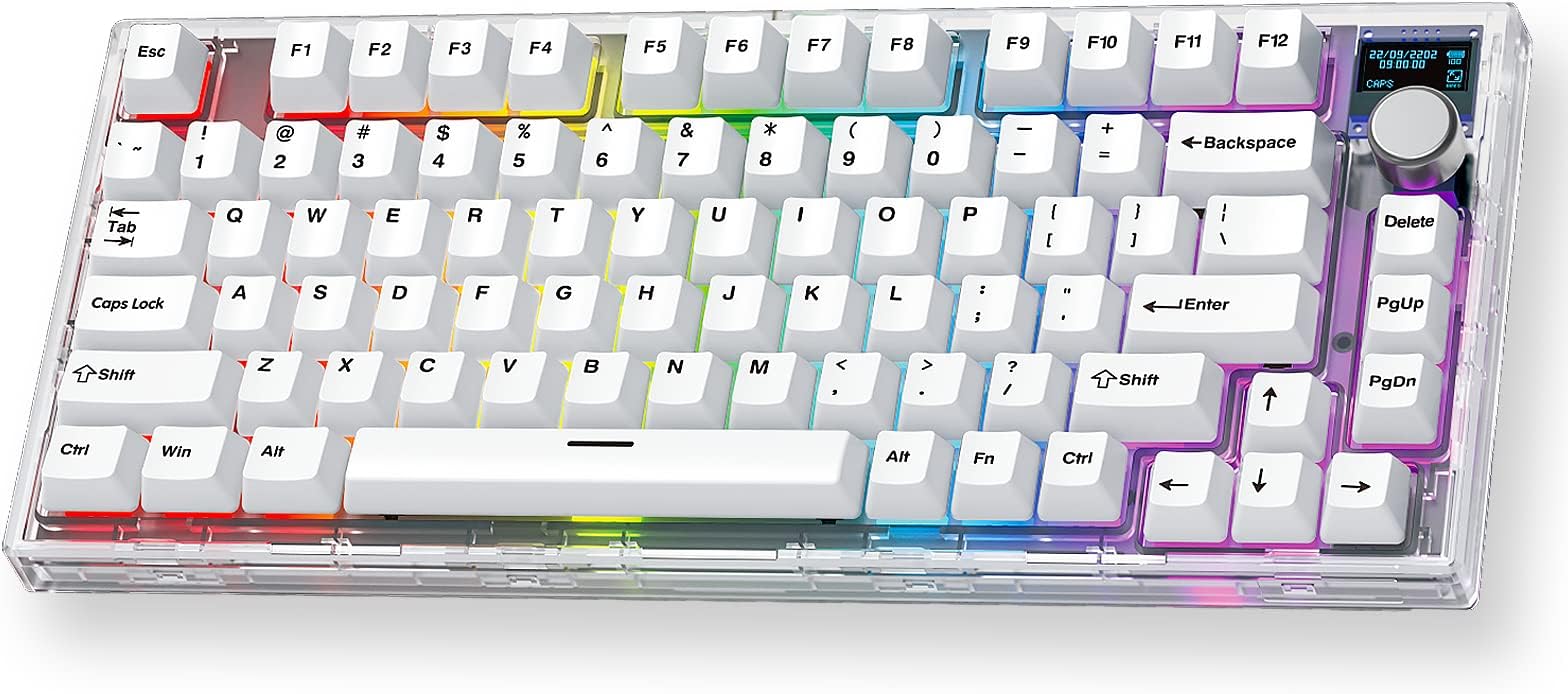 Fantech MAXFIT81 Wireless Mechanical Keyboard PBT Keycaps RGB 75% Gaming Keyboard with Customizable OLED Display & Knob, Hot Swappable Modular Sound Proofing Base, Gateron Brown Switch, White