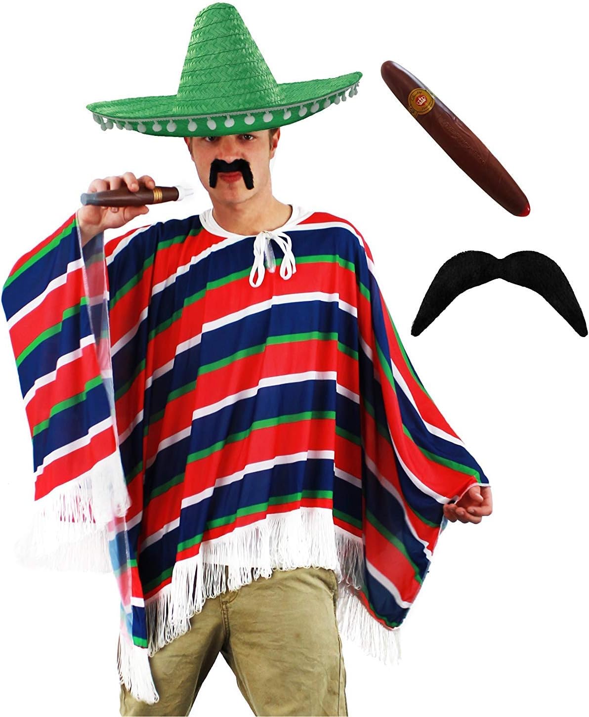 MEXICAN MAN FANCY DRESS COSTUME WESTERN BANDIT WILD WEST RED BLUE & GREEN PONCHO + TASH + CIGAR + GREEN SOMBRERO - ADULTS ONE SIZE FITS MOST