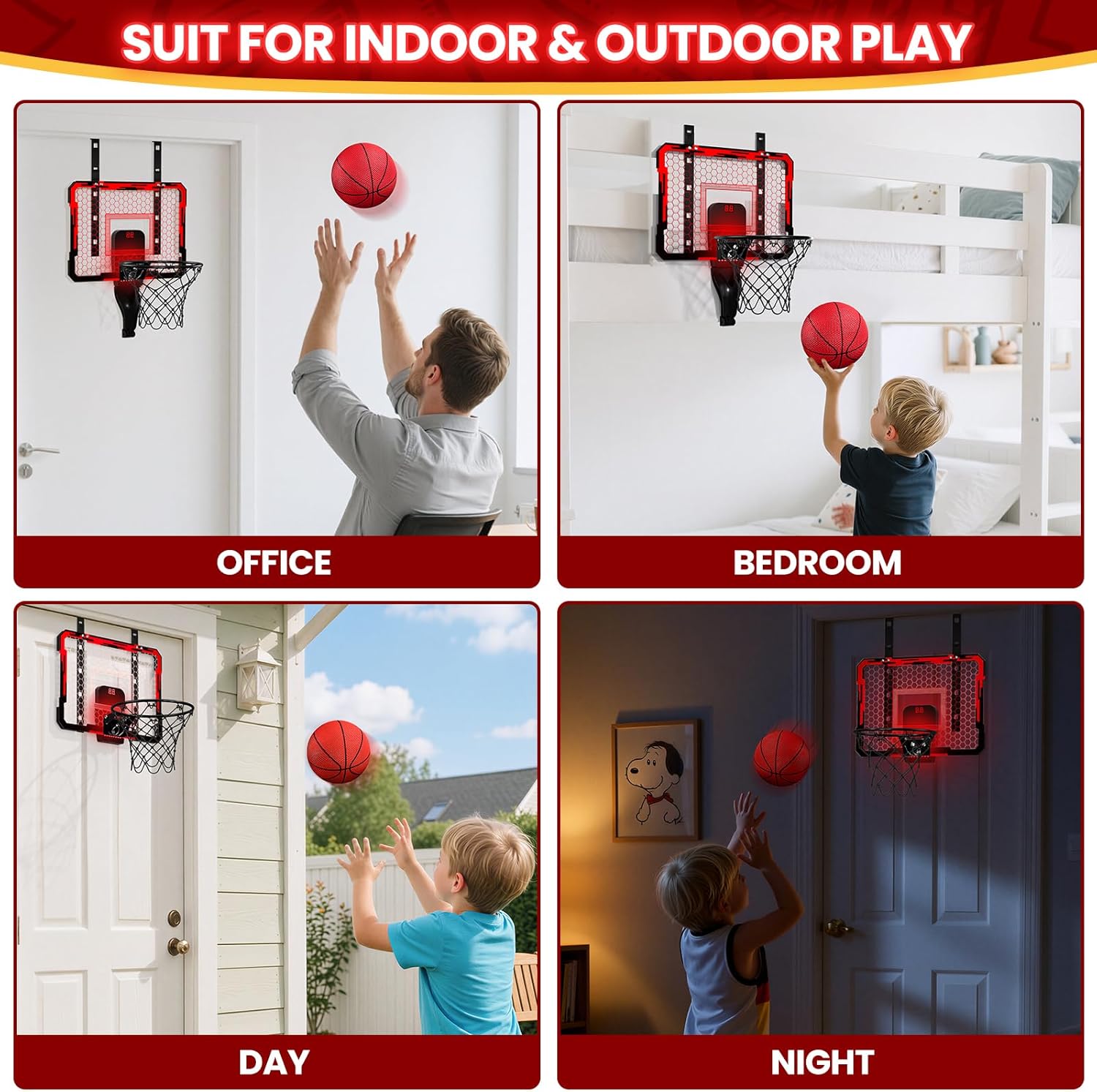 QDRAGON Mini Basketball Hoop, Over The Door Indoor, with 3 Balls/Inflator/Breakaway Rim, Basketball Toy Gifts for Kids and Adults, Suit for Bedroom/Office/Outdoor, Red with Scoreboard & 7 Light
