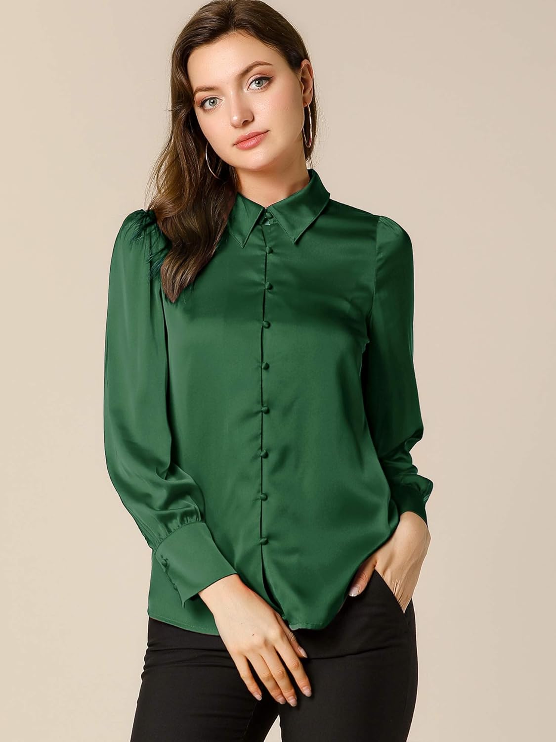 Allegra K Women's Satin Blouse Puff Long Sleeve Collared Button Down Shirt Dressy Office Work Top Business Casual - Image 3
