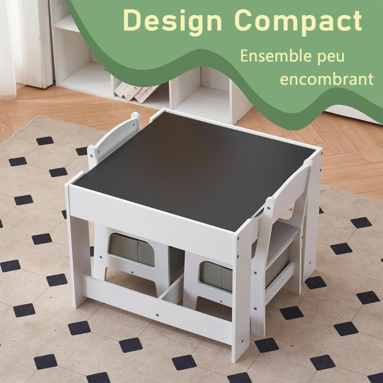 LEADZM Bureau pour Enfants, Table 3-en-1 avec 2 Chaises (3 pièces), à Dessin avec Espace de Rangement en Bois - Table Polyvalente pour Manger, Étudier et Jouer (Gris)